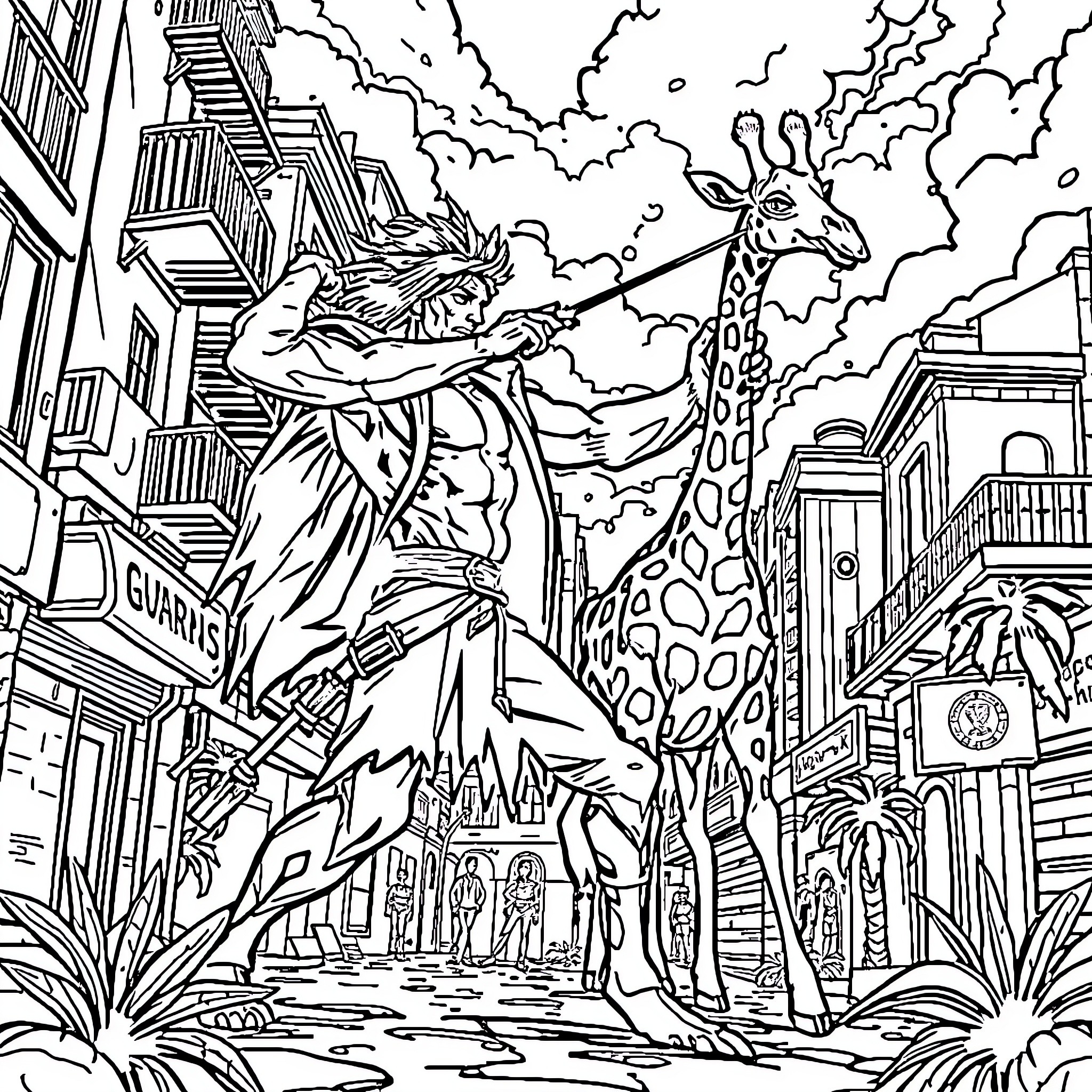 Hombre Araña heroically swings through the city Coloring Page (free black-and-white line drawing printable PDF for all, from beginners to advanced learners, including children, teens, adults, and seniors)