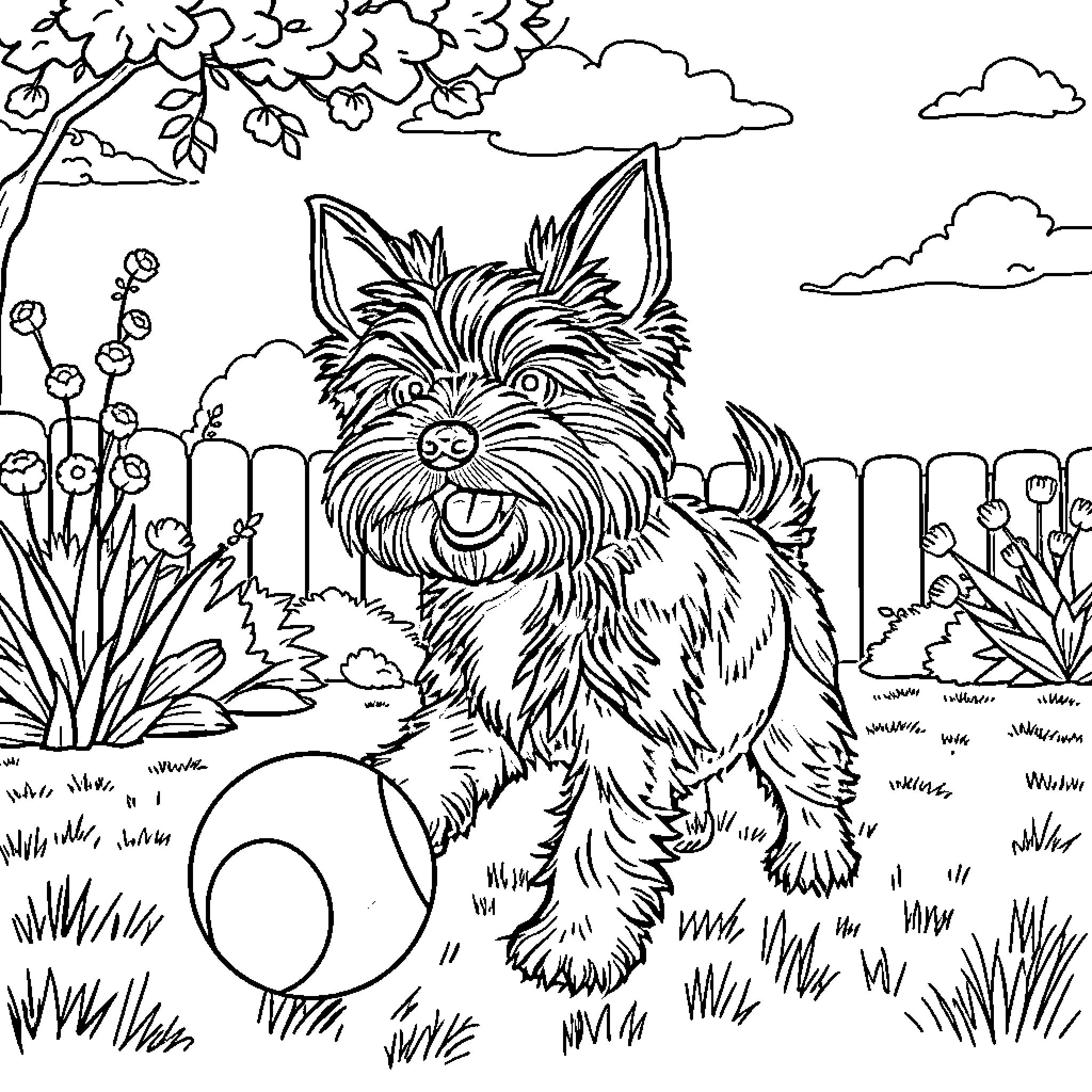 York Dog playing joyfully in the garden Coloring Page (free black-and-white line drawing printable PDF for all, from beginners to advanced learners, including children, teens, adults, and seniors)