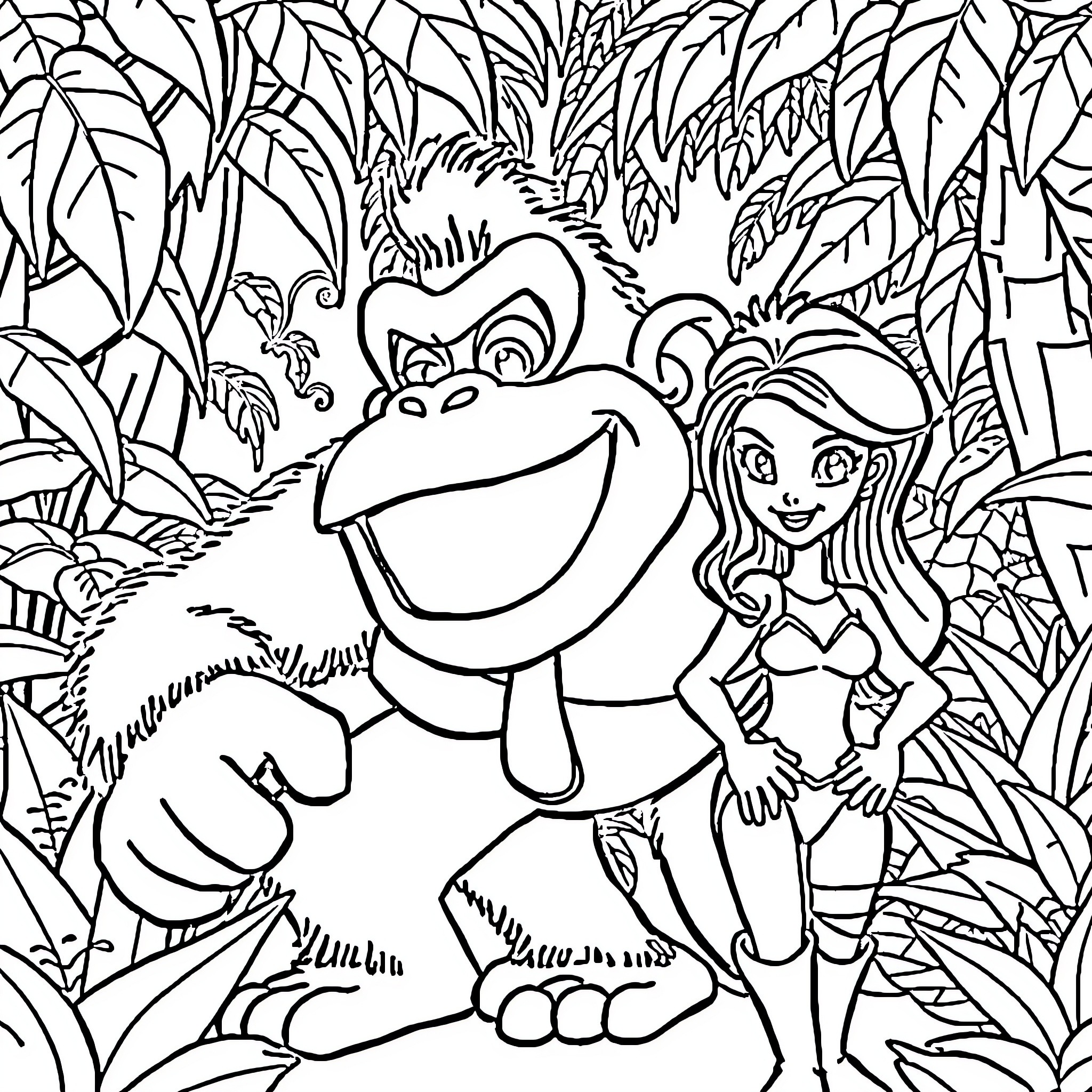 Donkey Kong and Girl in Jungle Adventure Coloring Page (free black-and-white line drawing printable PDF for all, from beginners to advanced learners, including children, teens, adults, and seniors)
