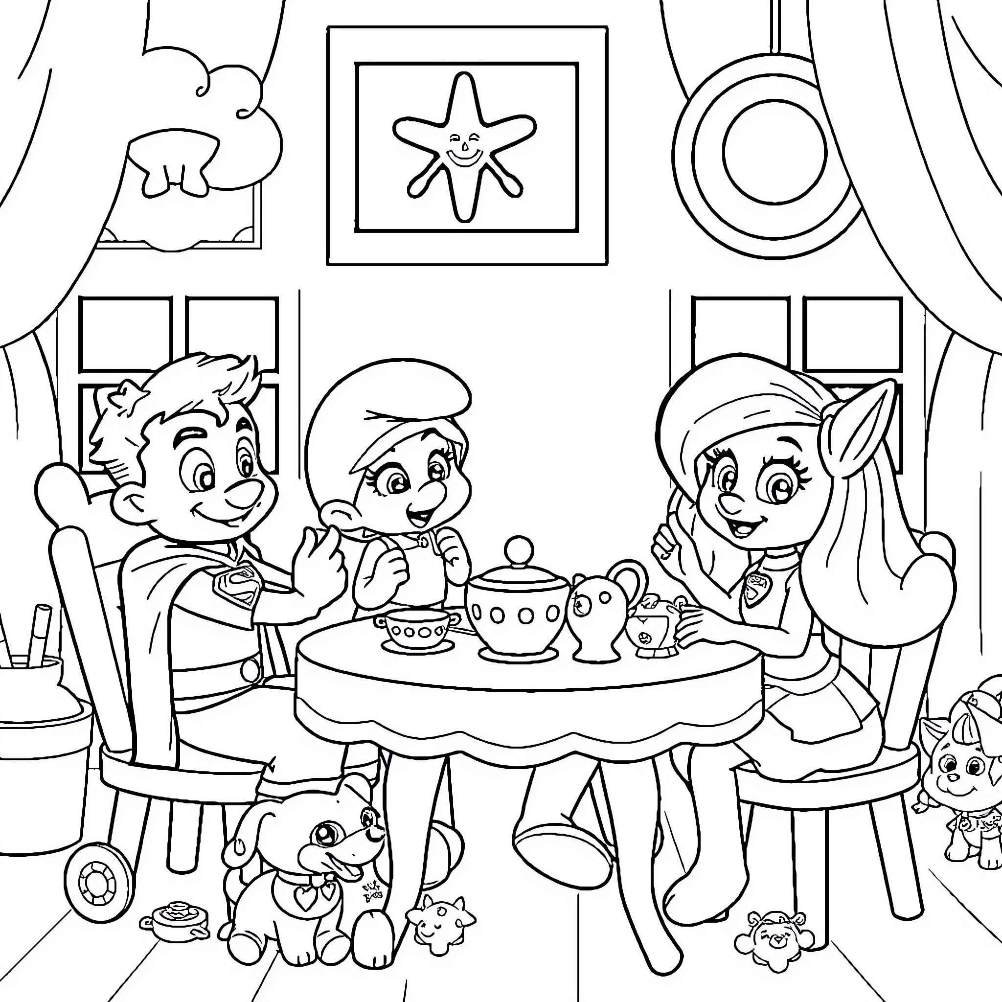 Superman and friends having a tea party Coloring Page (free black-and-white line drawing printable PDF for all, from beginners to advanced learners, including children, teens, adults, and seniors)