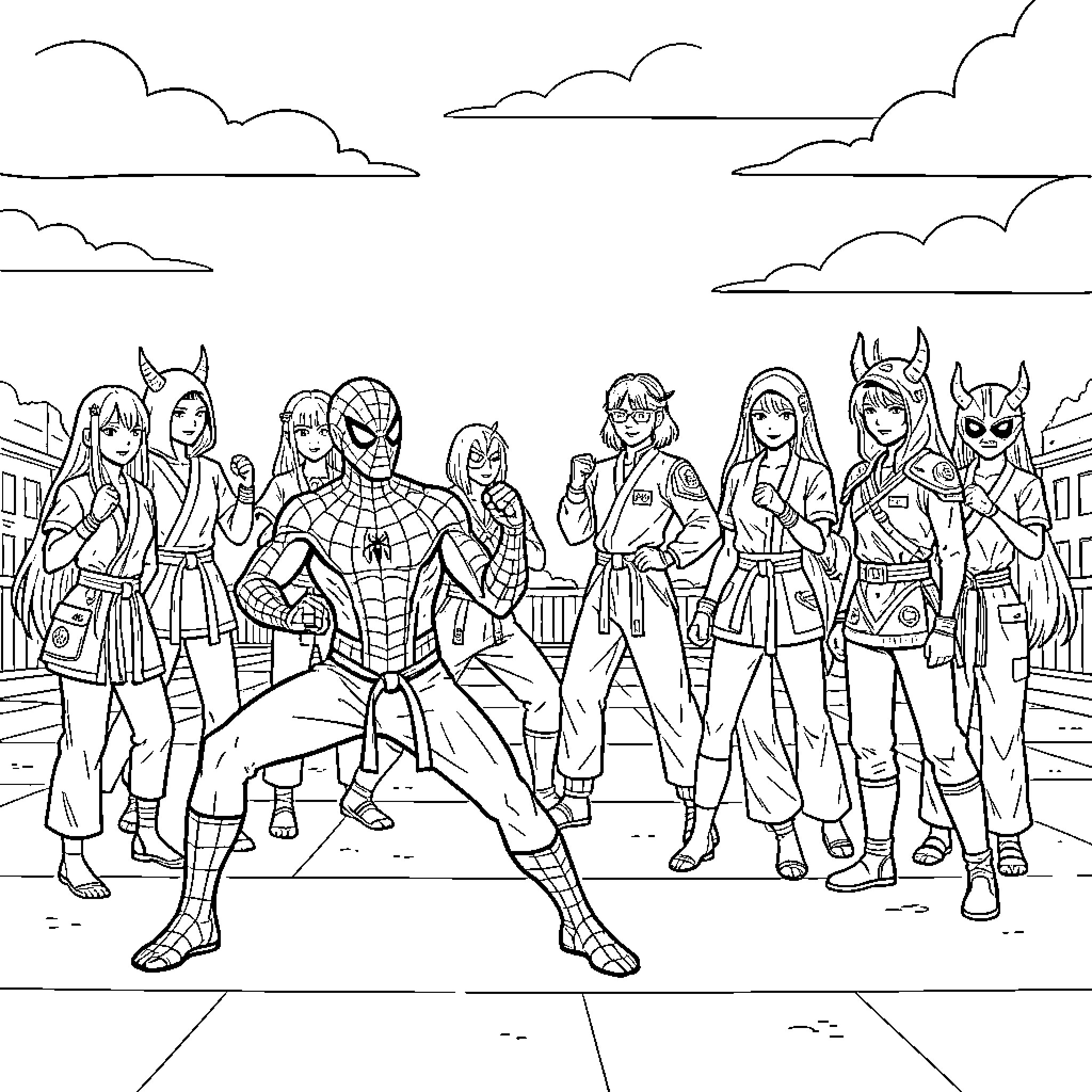 Spiderman posing heroically with a group of characters Coloring Page (free black-and-white line drawing printable PDF for all, from beginners to advanced learners, including children, teens, adults, and seniors)