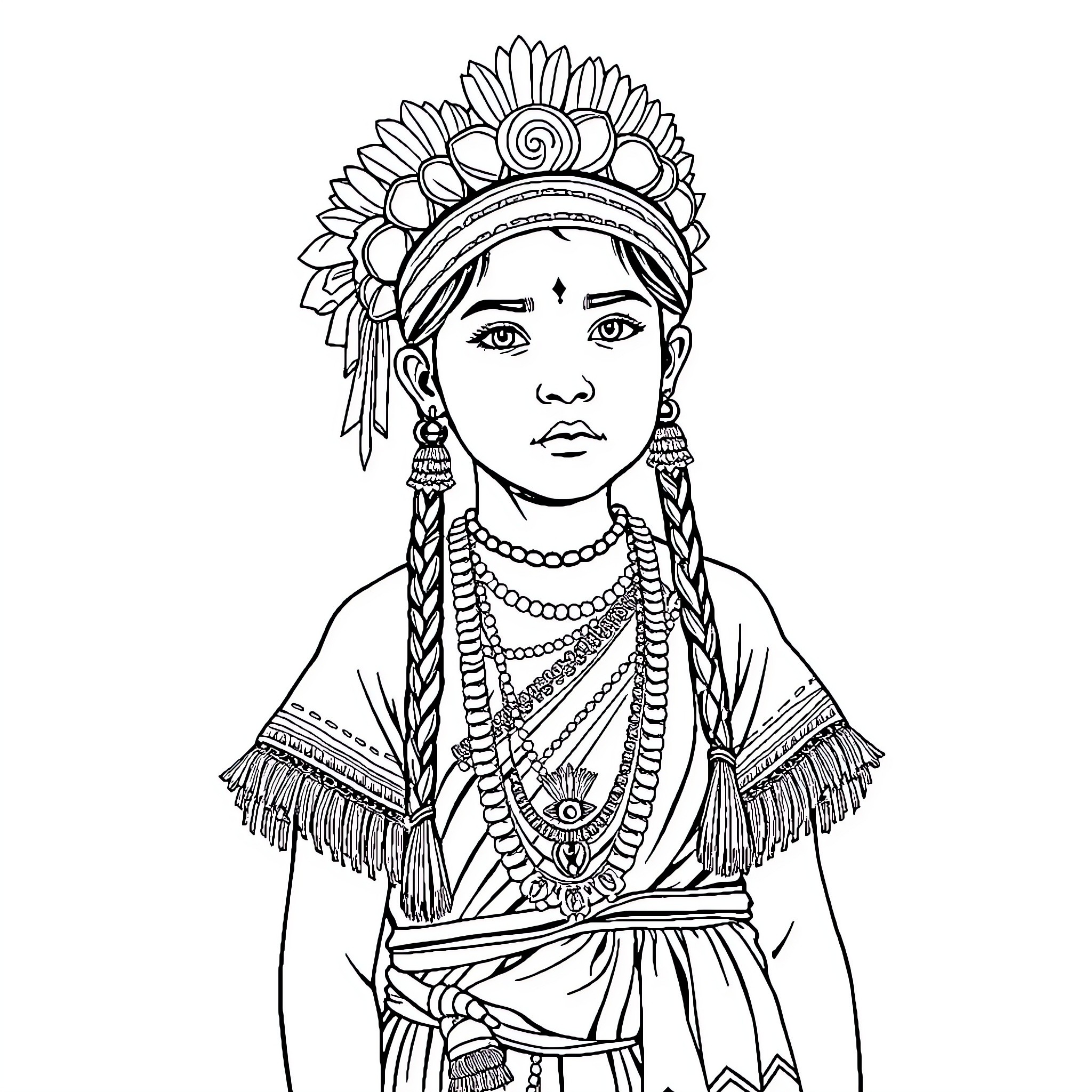 Girl in traditional indigenous attire and headdress Coloring Page (free black-and-white line drawing printable PDF for all, from beginners to advanced learners, including children, teens, adults, and seniors)