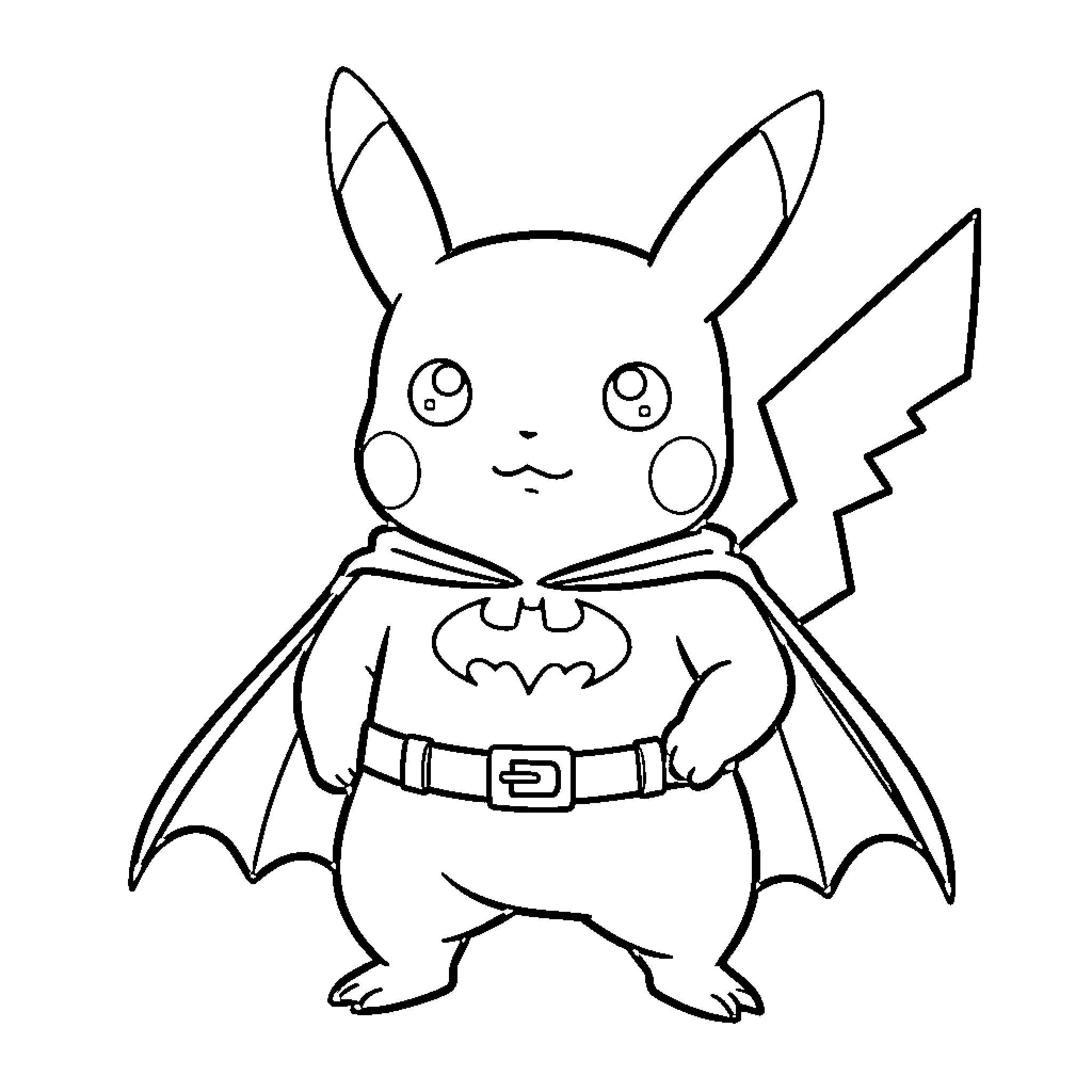 Pikachu wearing a superhero cape and costume Coloring Page (free black-and-white line drawing printable PDF for all, from beginners to advanced learners, including children, teens, adults, and seniors)