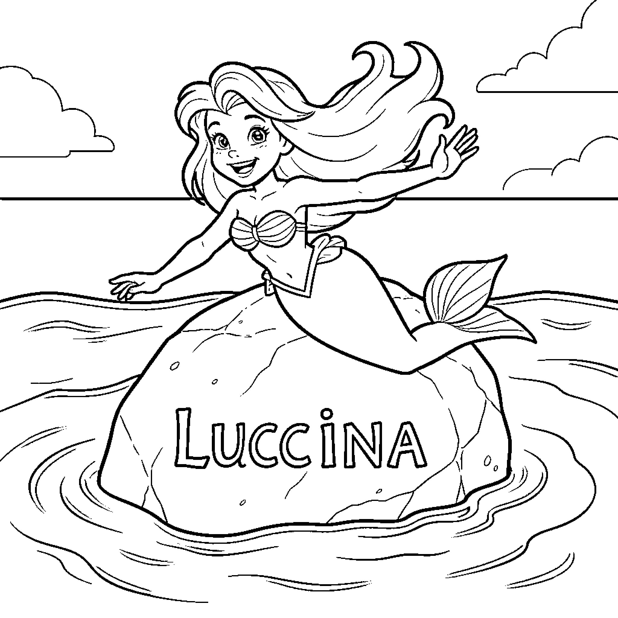 Ariel swimming joyfully in the ocean Coloring Page (free black-and-white line drawing printable PDF for all, from beginners to advanced learners, including children, teens, adults, and seniors)