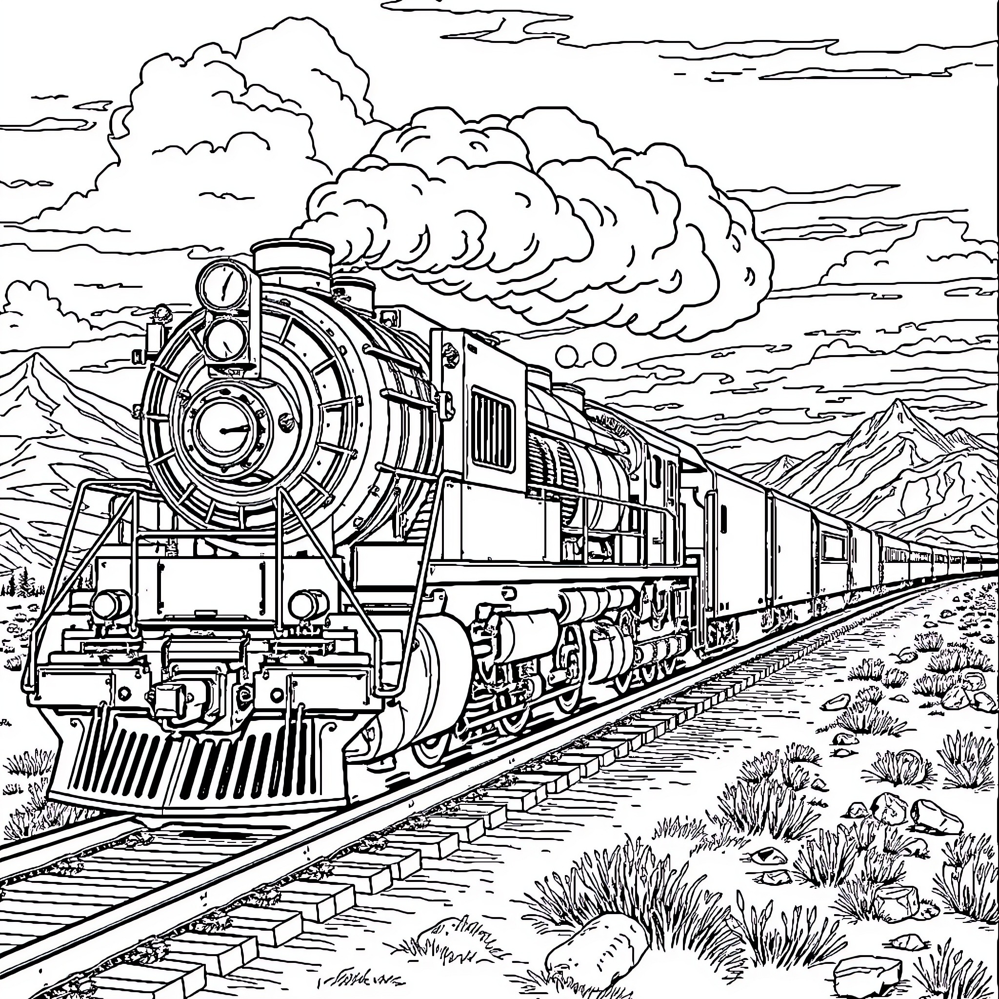 Train Traveling Through Scenic Landscape Coloring Page (free black-and-white line drawing printable PDF for all, from beginners to advanced learners, including children, teens, adults, and seniors)