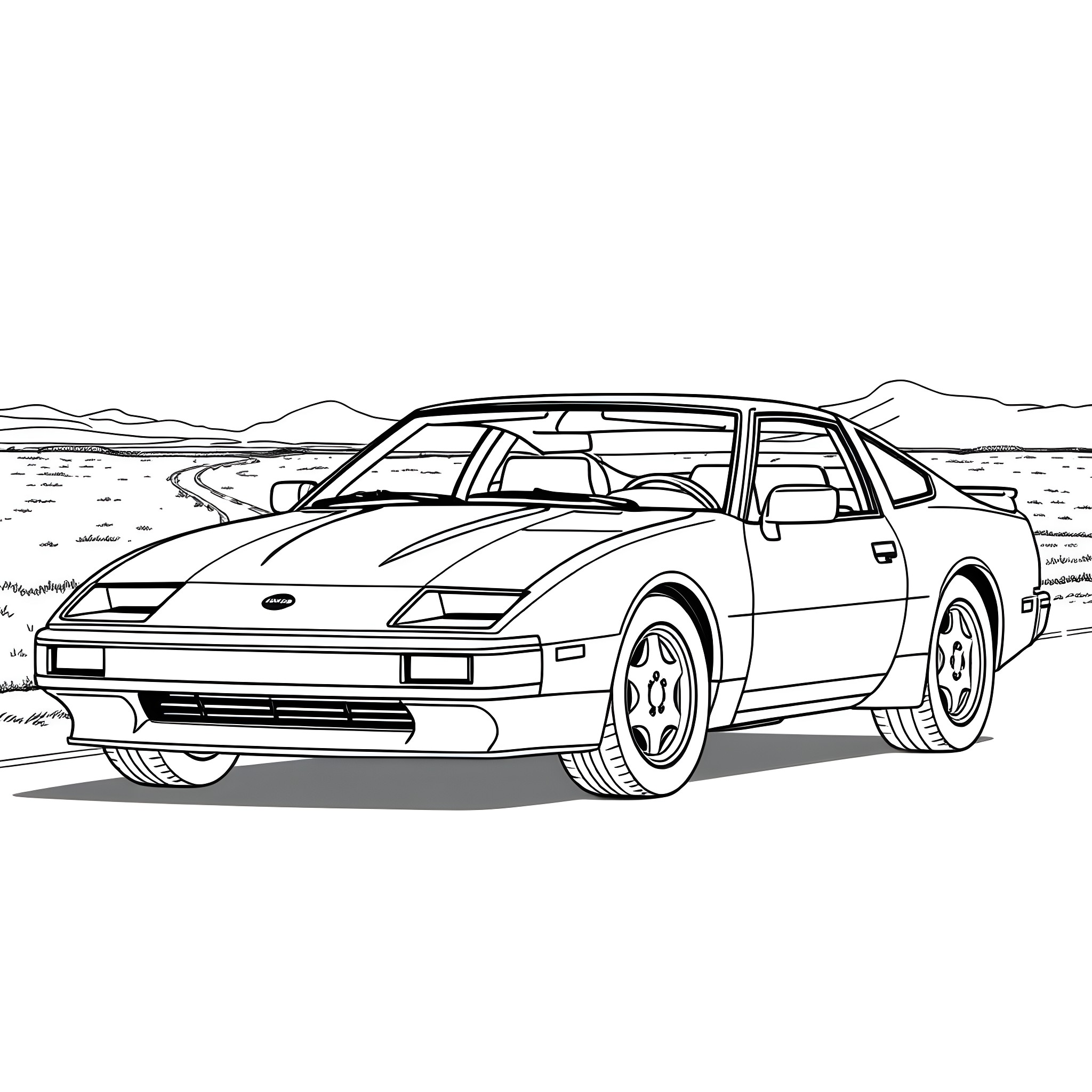 Nissan sports car racing through desert landscape Coloring Page (free black-and-white line drawing printable PDF for all, from beginners to advanced learners, including children, teens, adults, and seniors)