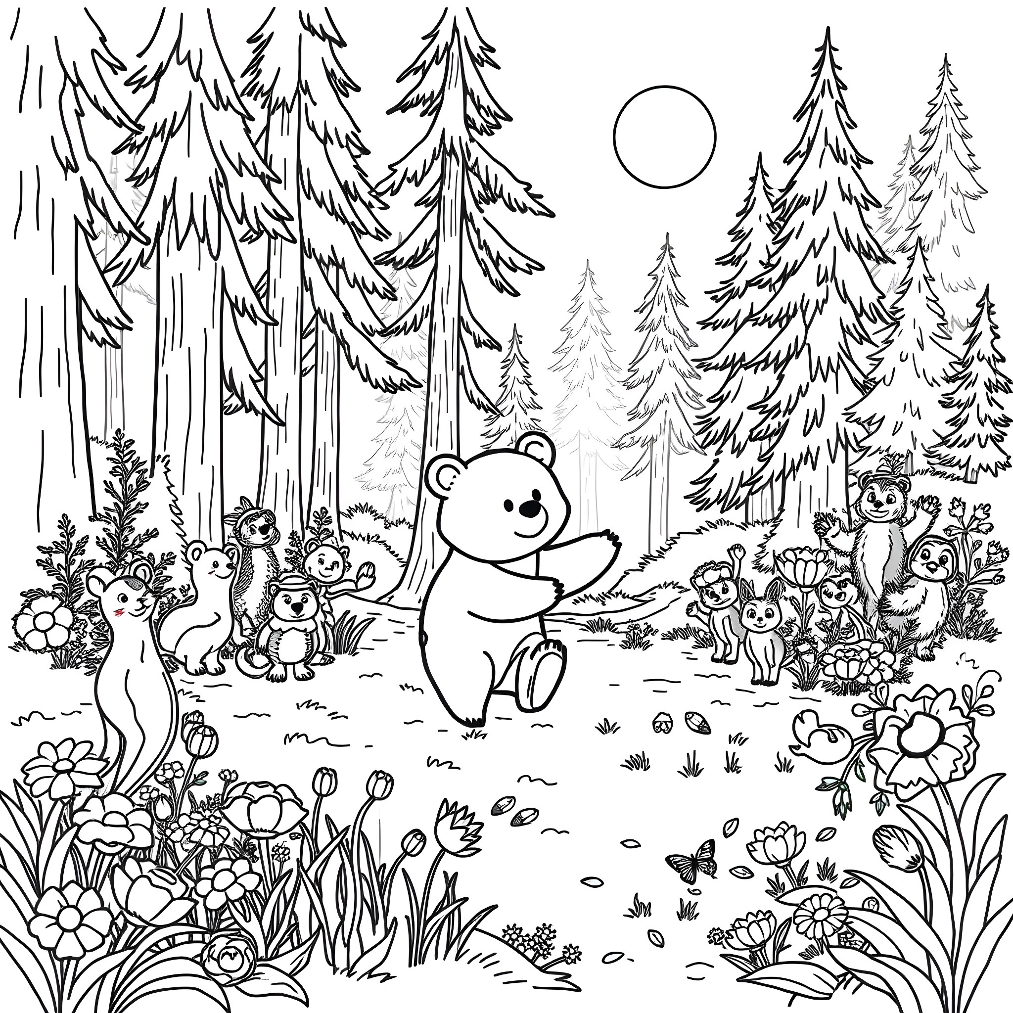 Bear and animal friends in the forest Coloring Page (free black-and-white line drawing printable PDF for all, from beginners to advanced learners, including children, teens, adults, and seniors)
