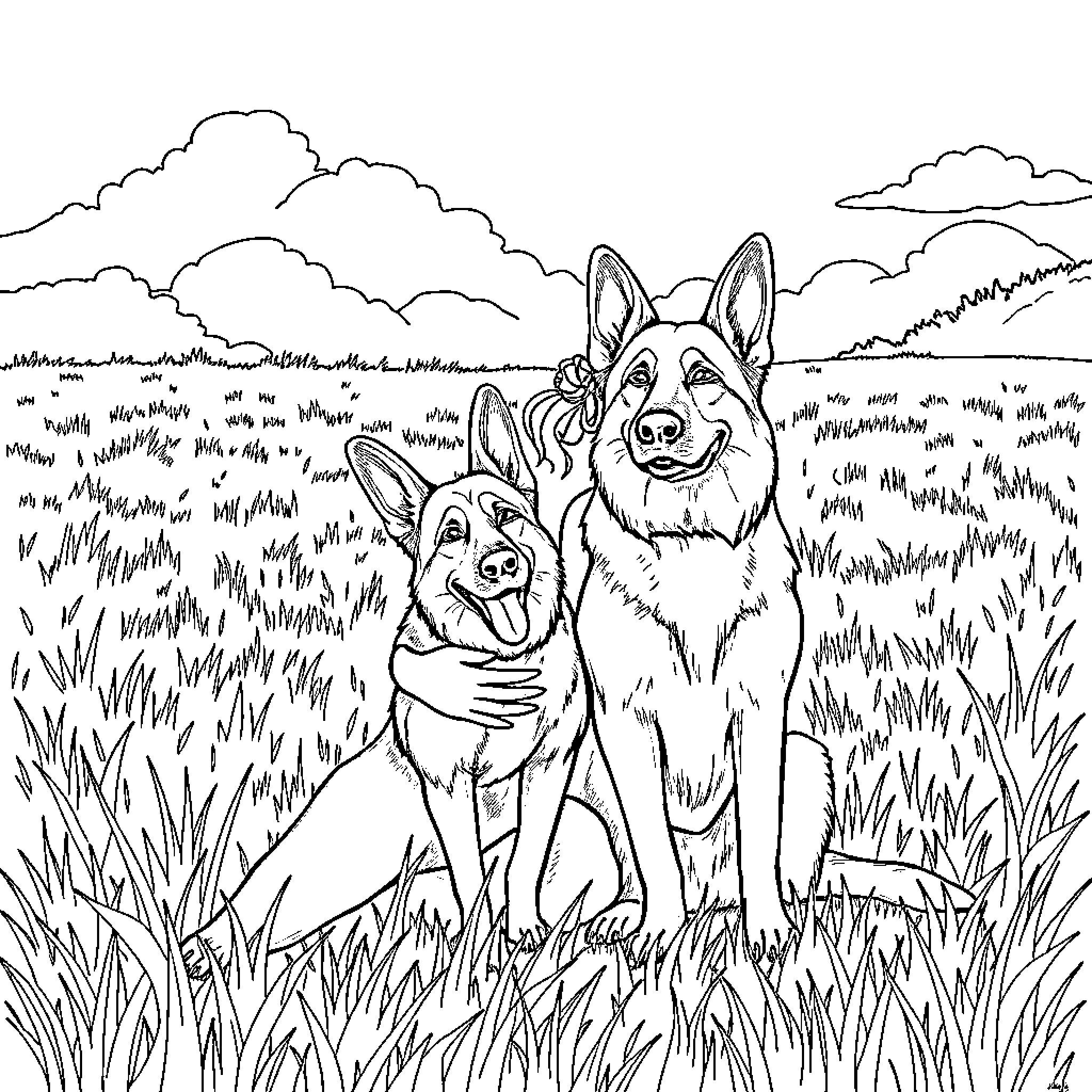 Woman with two playful dogs in a grassy field Coloring Page (free black-and-white line drawing printable PDF for all, from beginners to advanced learners, including children, teens, adults, and seniors)