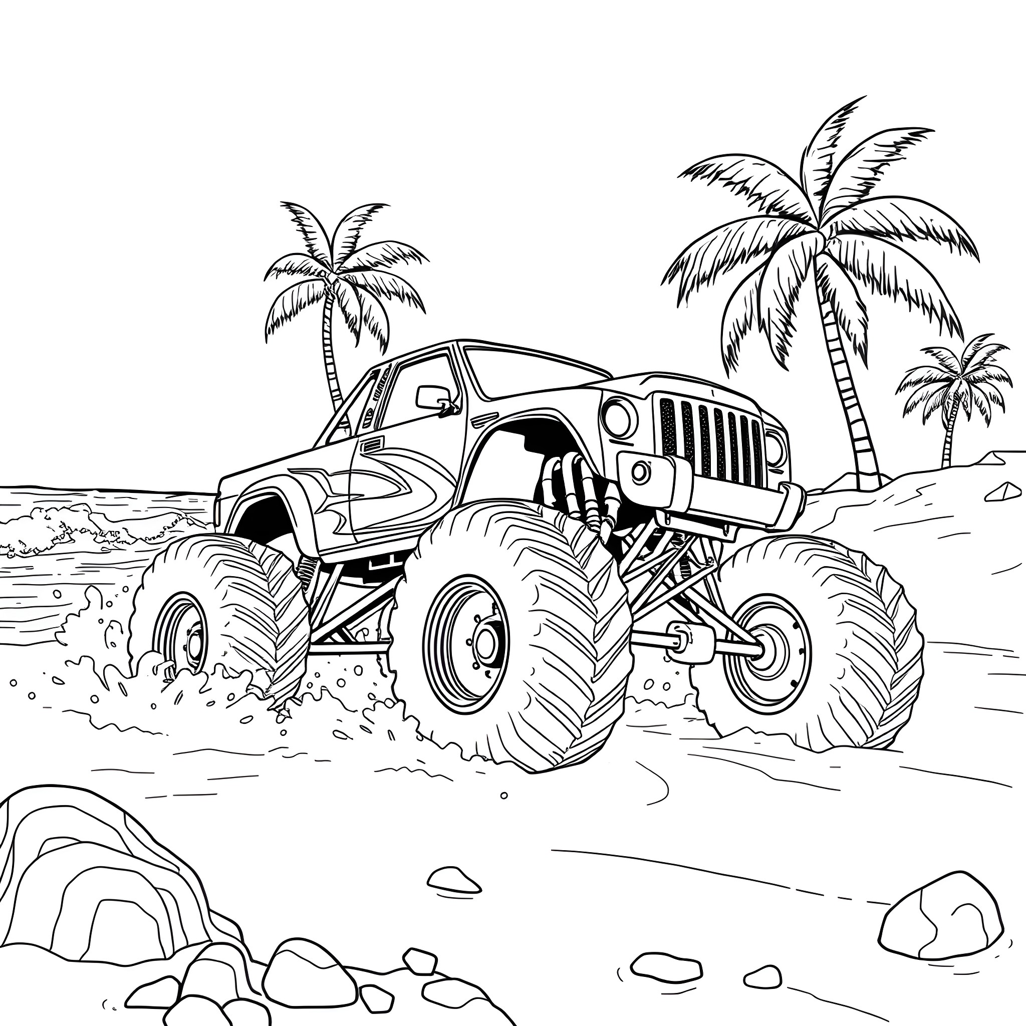 Monster Truck Tearing Through the Beach Coloring Page (free black-and-white line drawing printable PDF for all, from beginners to advanced learners, including children, teens, adults, and seniors)