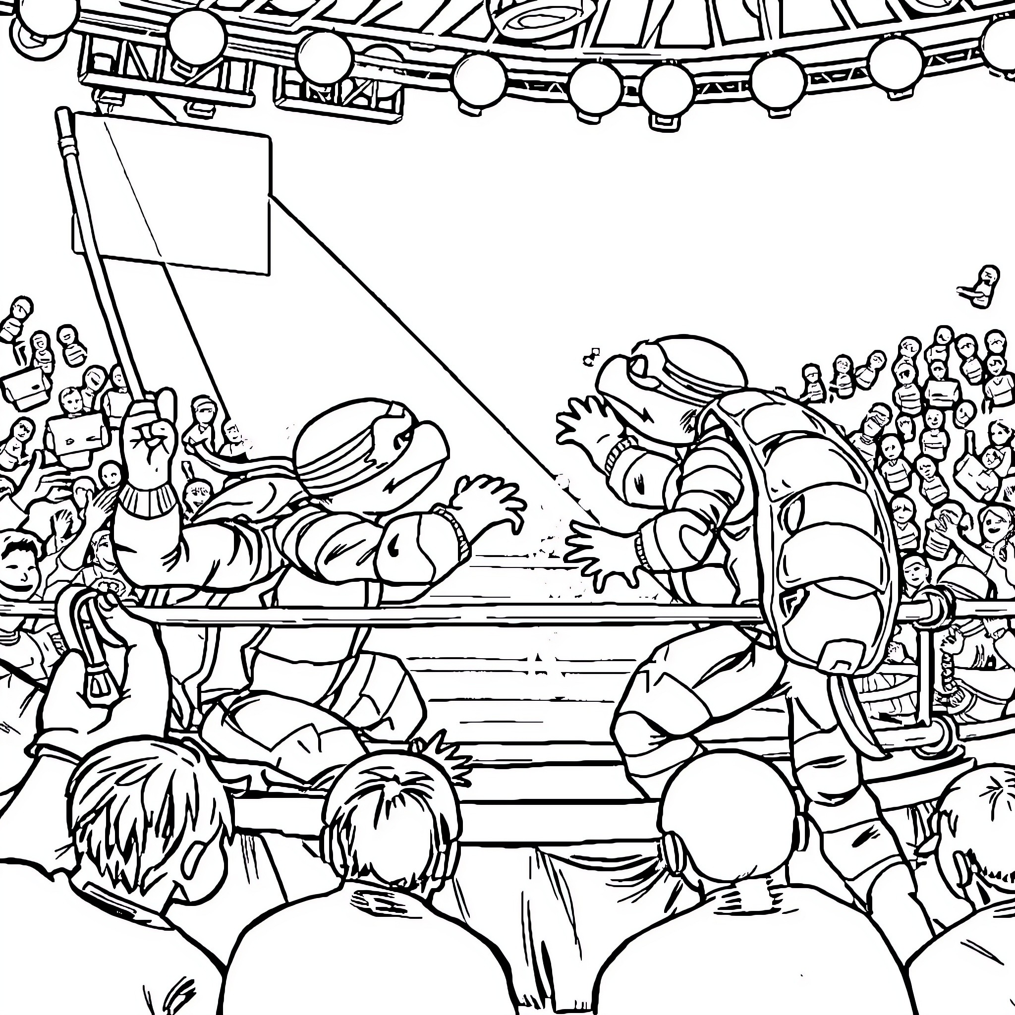 Turtle Performing in a Circus Show Coloring Page (free black-and-white line drawing printable PDF for all, from beginners to advanced learners, including children, teens, adults, and seniors)