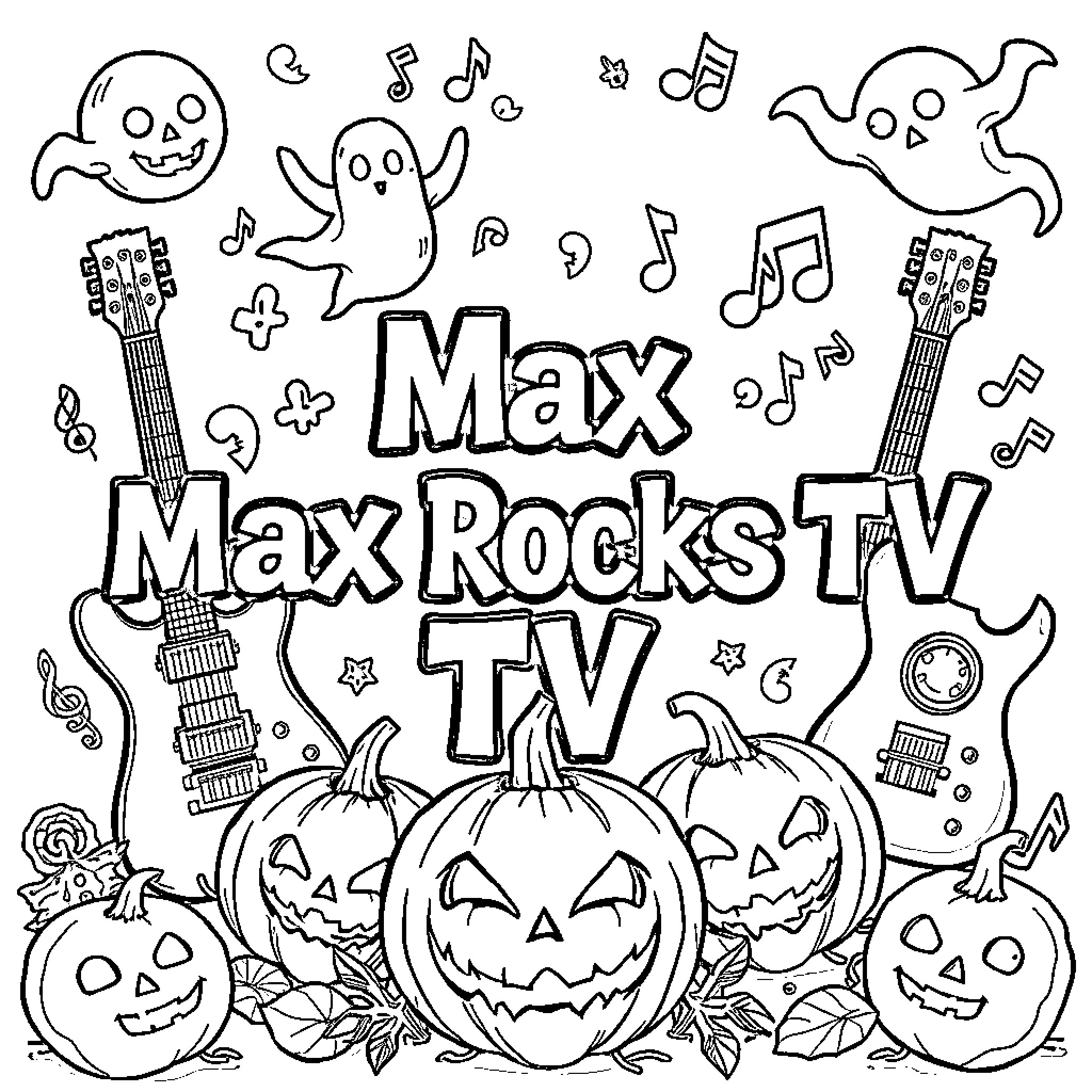 Guitar Ghosts and Ghouls Rock TV Show Coloring Page (free black-and-white line drawing printable PDF for all, from beginners to advanced learners, including children, teens, adults, and seniors)