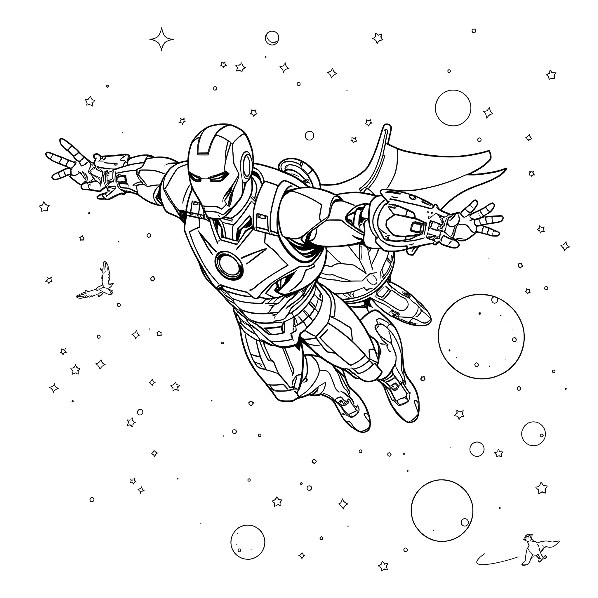 Iron Man flying heroically through the cosmos Coloring Page (free black-and-white line drawing printable PDF for all, from beginners to advanced learners, including children, teens, adults, and seniors)