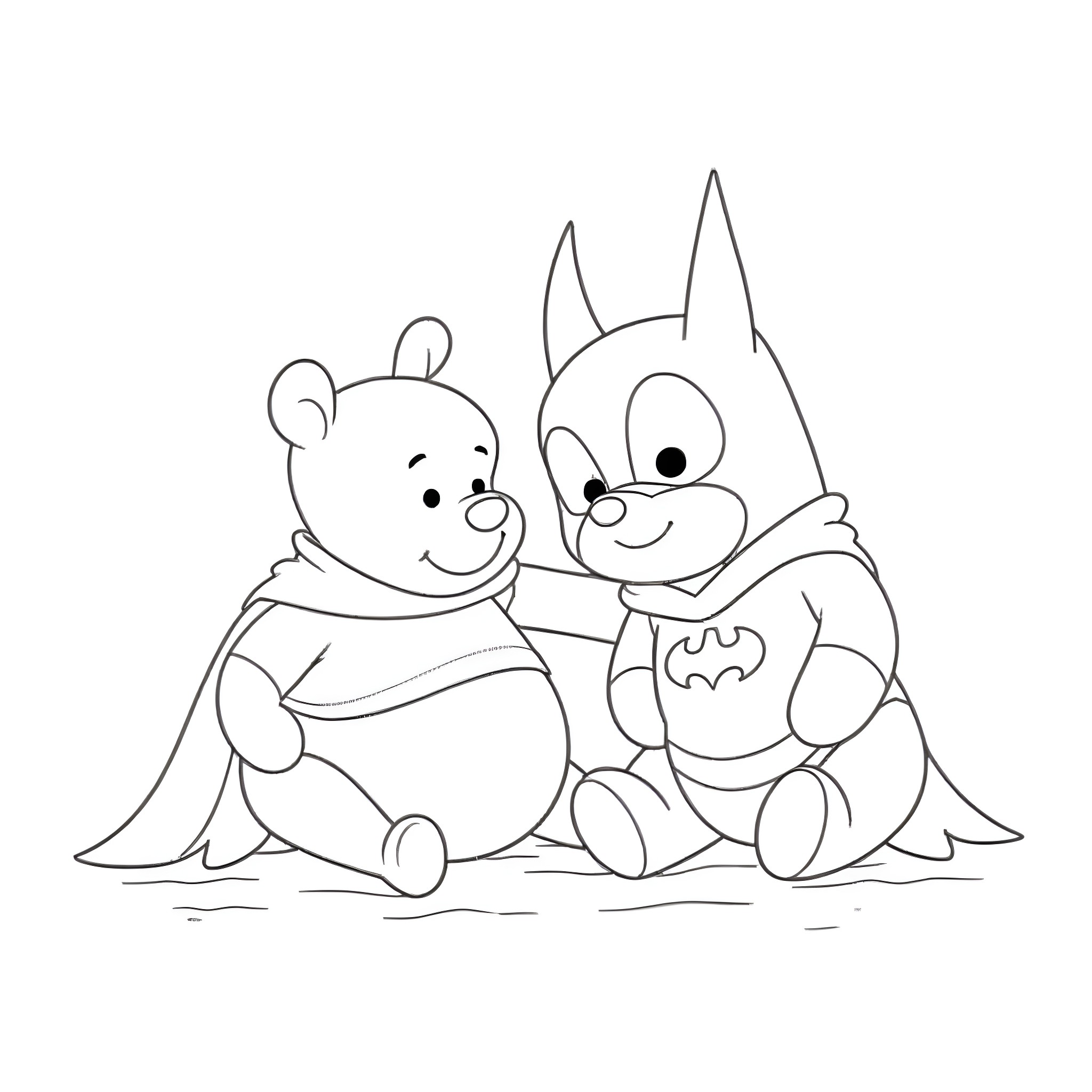 Winnie The Pooh and Batman playing together Coloring Page (free black-and-white line drawing printable PDF for all, from beginners to advanced learners, including children, teens, adults, and seniors)