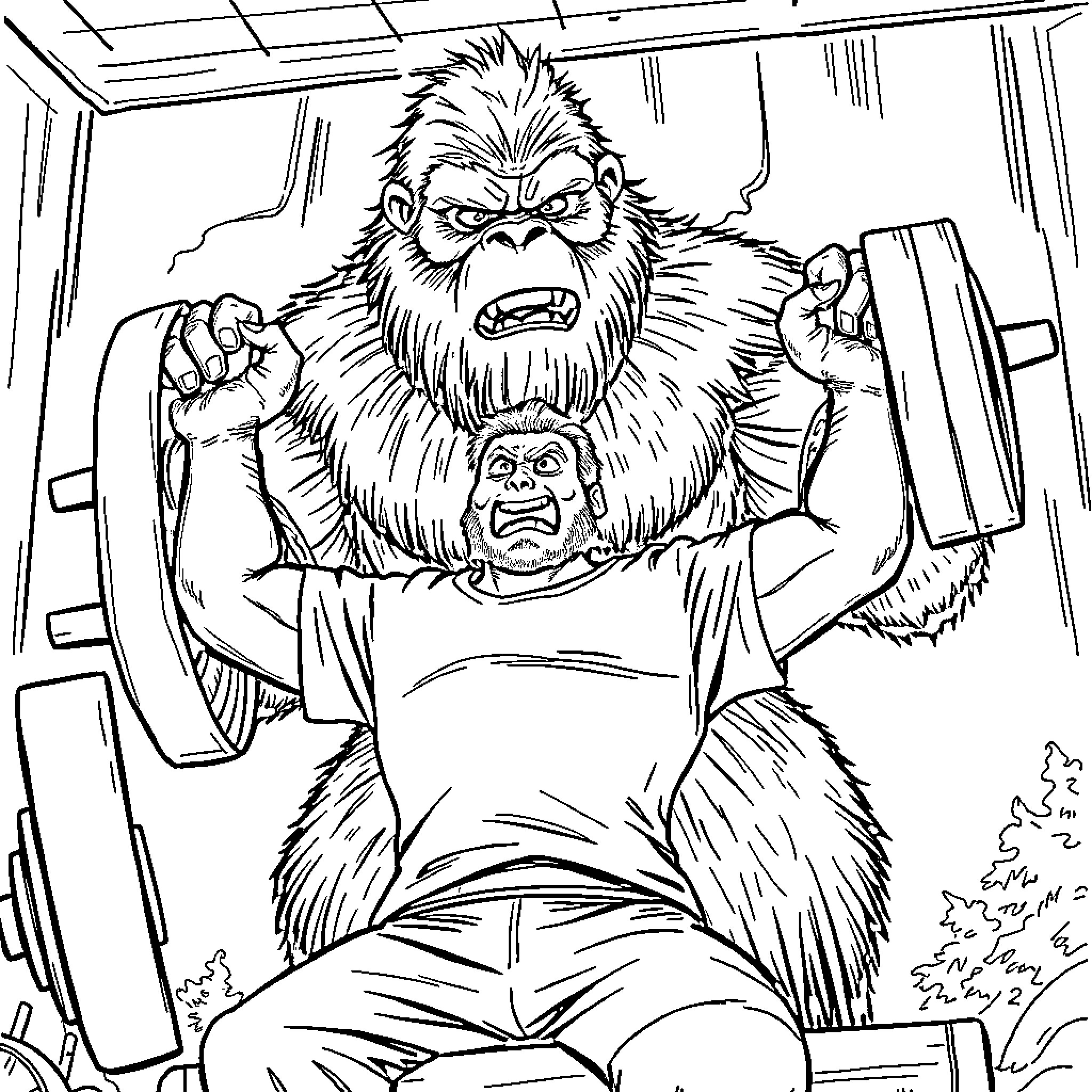 Sasquatch attacking a human in a damaged room Coloring Page (free black-and-white line drawing printable PDF for all, from beginners to advanced learners, including children, teens, adults, and seniors)