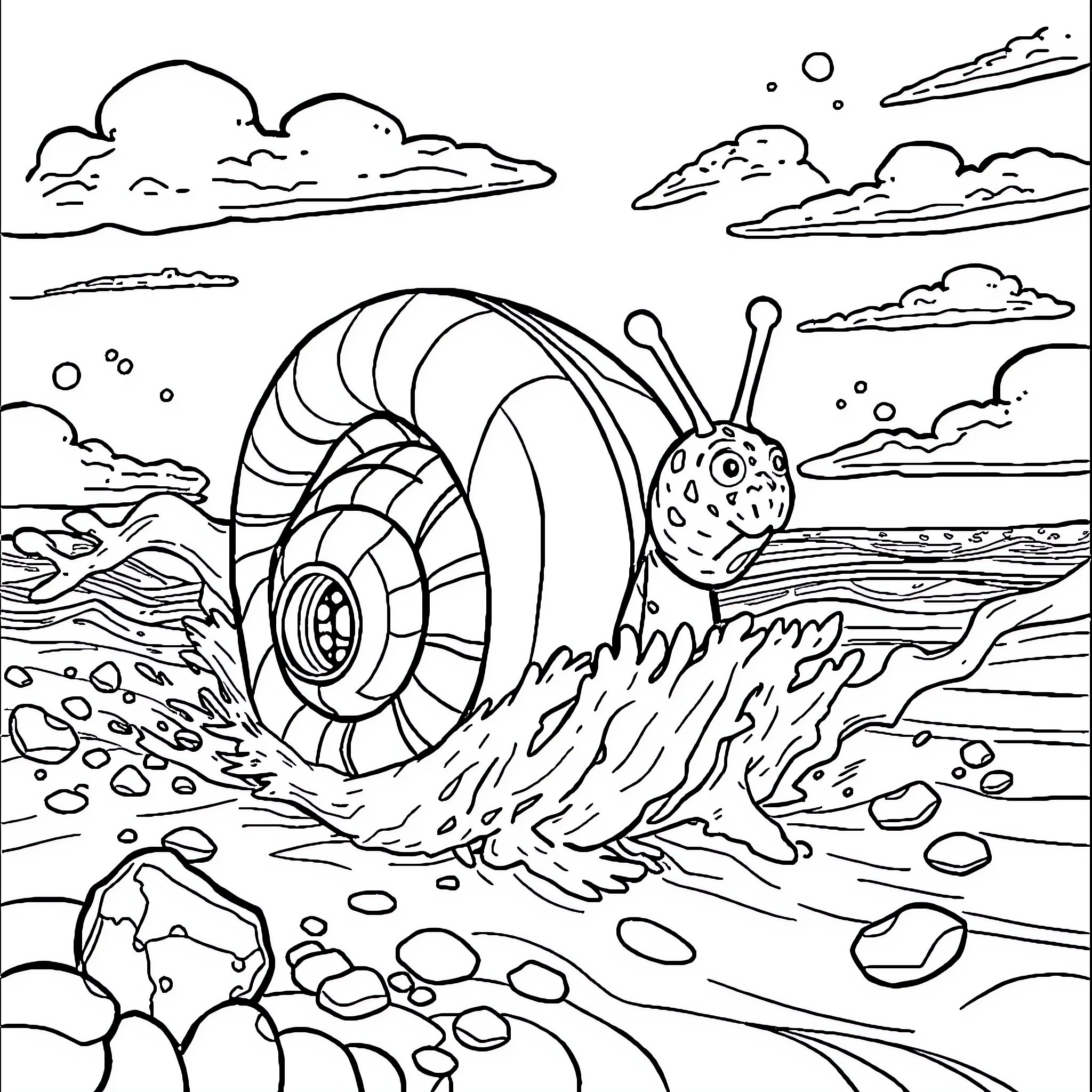 Snail exploring the ocean floor Coloring Page (free black-and-white line drawing printable PDF for all, from beginners to advanced learners, including children, teens, adults, and seniors)