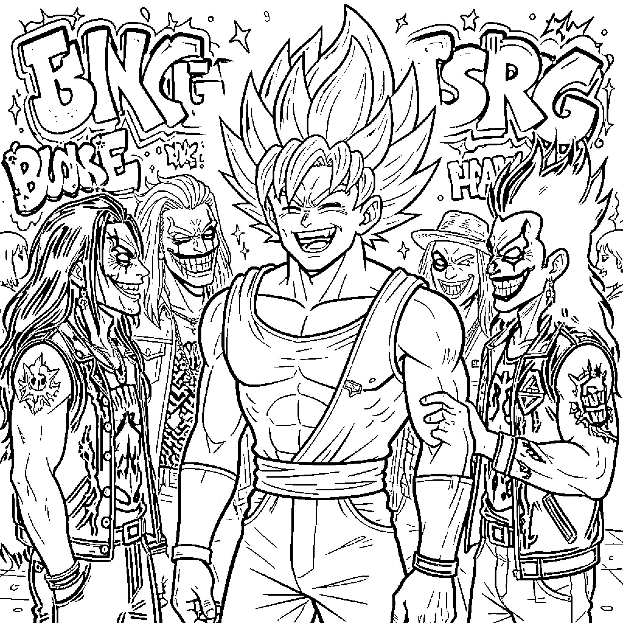 Broly's Fierce Encounter with Powerful Allies Coloring Page (free black-and-white line drawing printable PDF for all, from beginners to advanced learners, including children, teens, adults, and seniors)