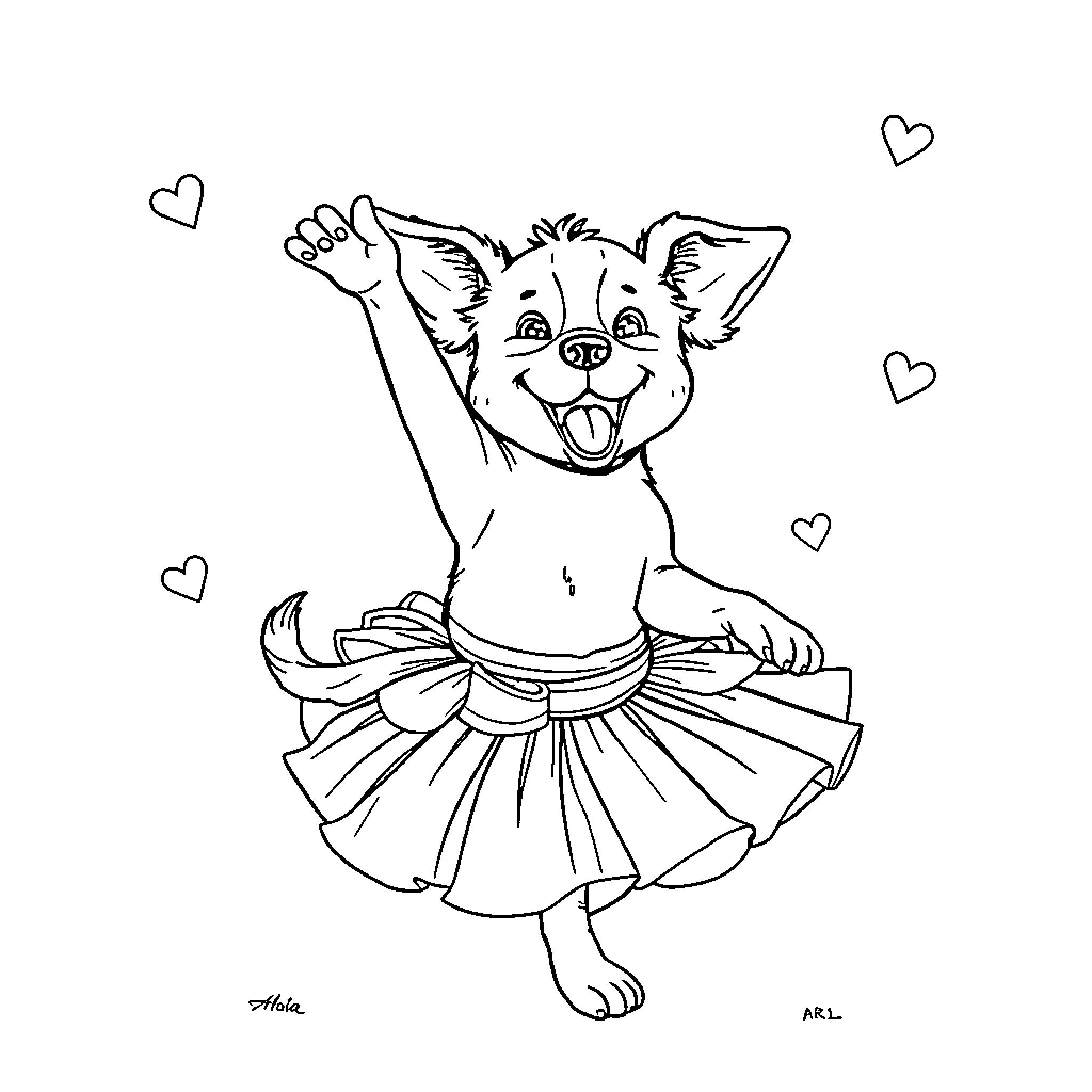Dog wearing a tutu and dancing happily Coloring Page (free black-and-white line drawing printable PDF for all, from beginners to advanced learners, including children, teens, adults, and seniors)