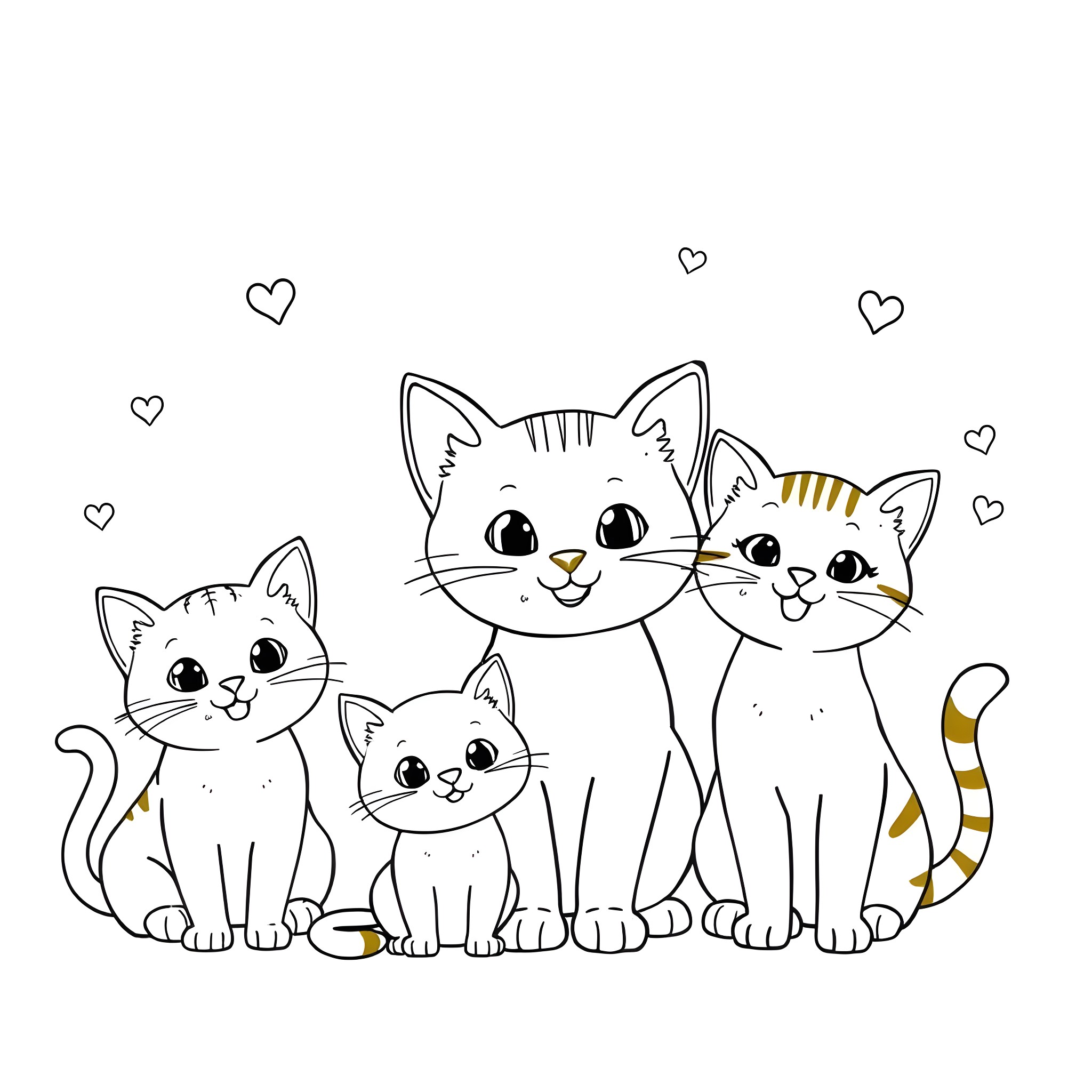 Cat family enjoying each other's company Coloring Page (free black-and-white line drawing printable PDF for all, from beginners to advanced learners, including children, teens, adults, and seniors)