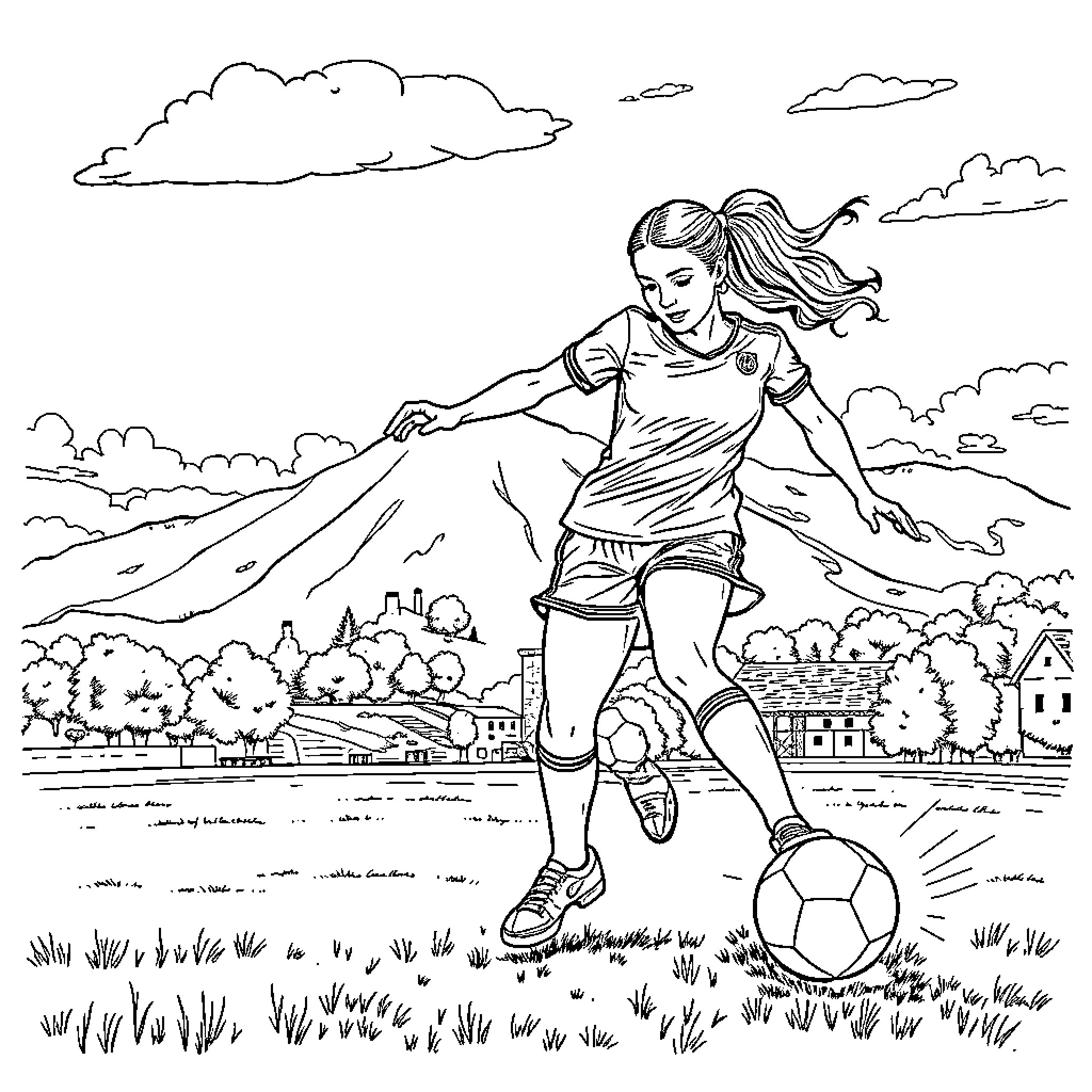Woman Footballer Kicking a Soccer Ball in the Countryside Coloring Page (free black-and-white line drawing printable PDF for all, from beginners to advanced learners, including children, teens, adults, and seniors)