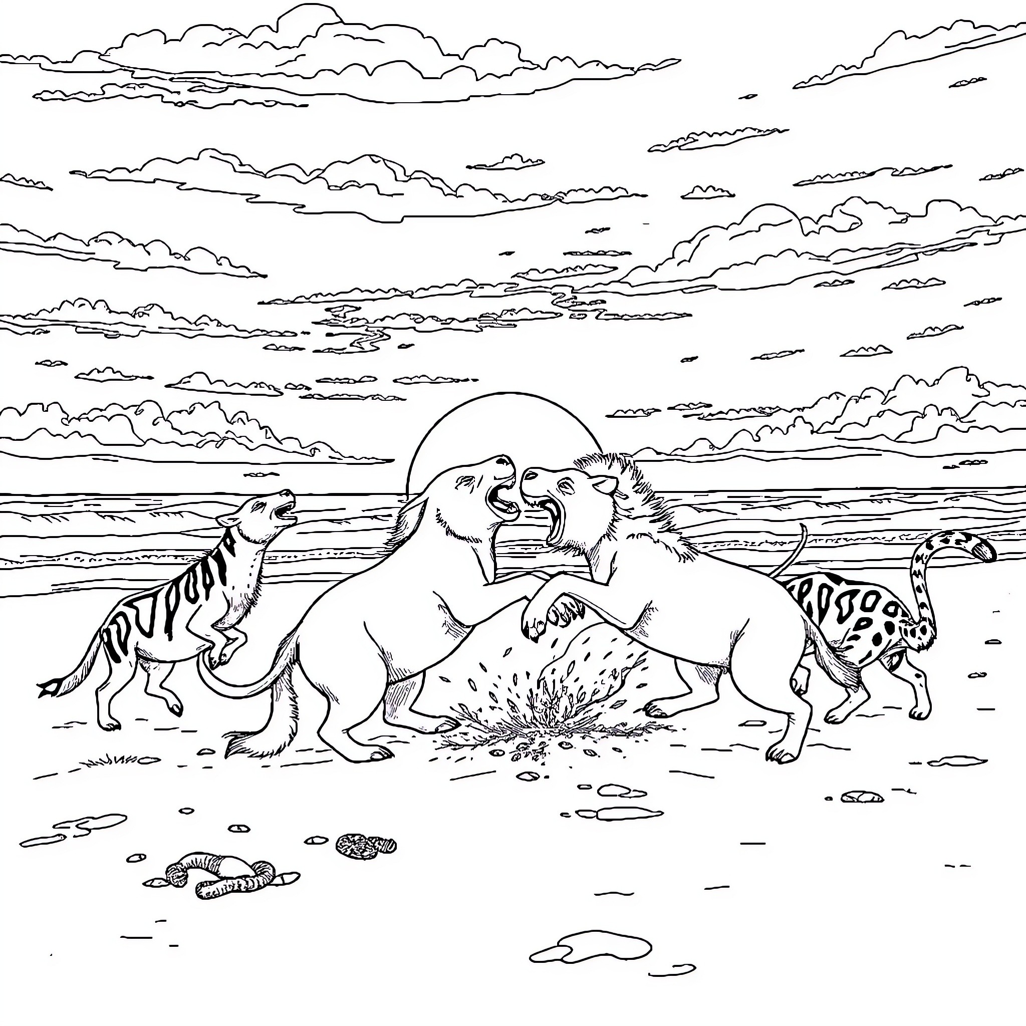 Animal Predators in the Wild Landscape Coloring Page (free black-and-white line drawing printable PDF for all, from beginners to advanced learners, including children, teens, adults, and seniors)