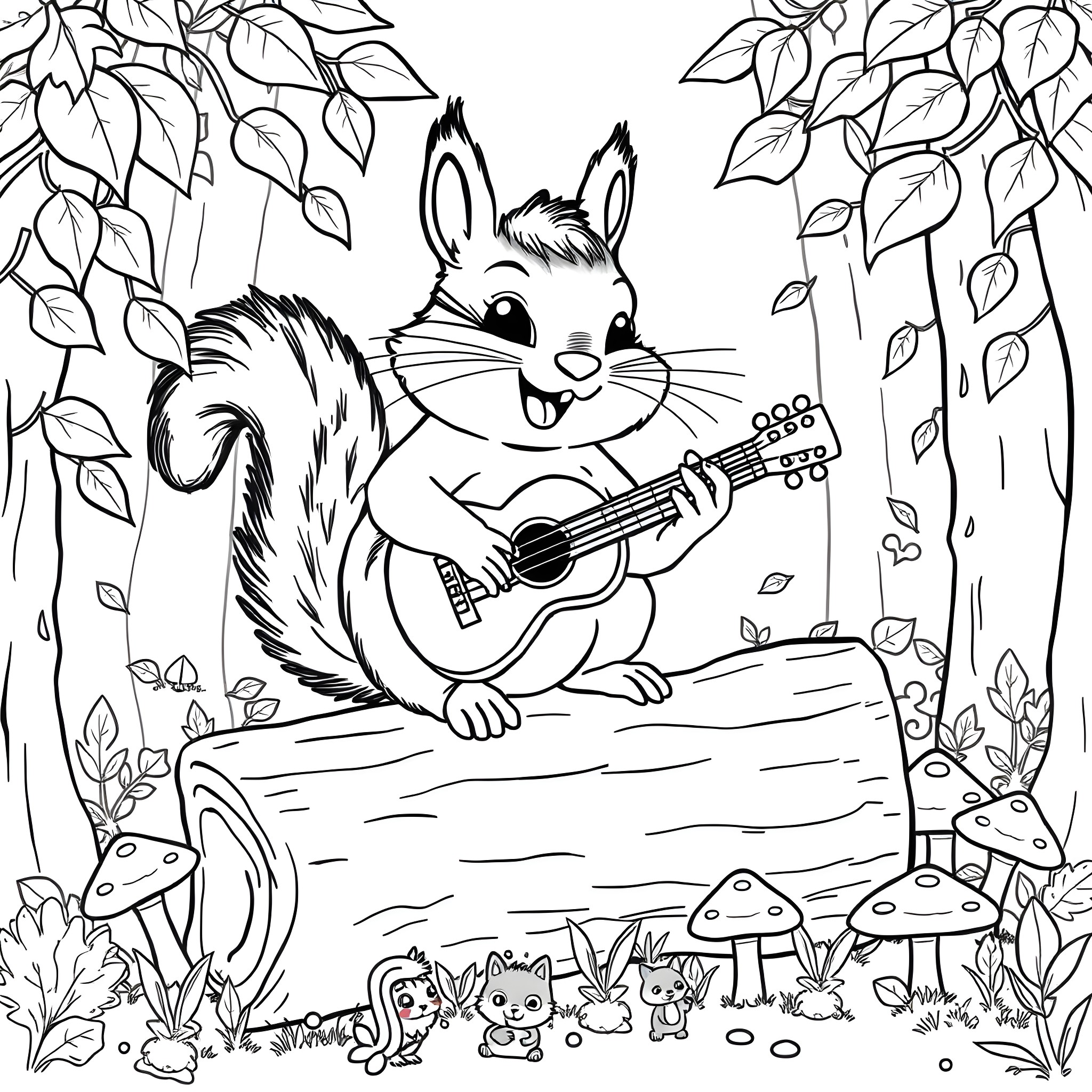 Chipmunk playing guitar in the forest Coloring Page (free black-and-white line drawing printable PDF for all, from beginners to advanced learners, including children, teens, adults, and seniors)