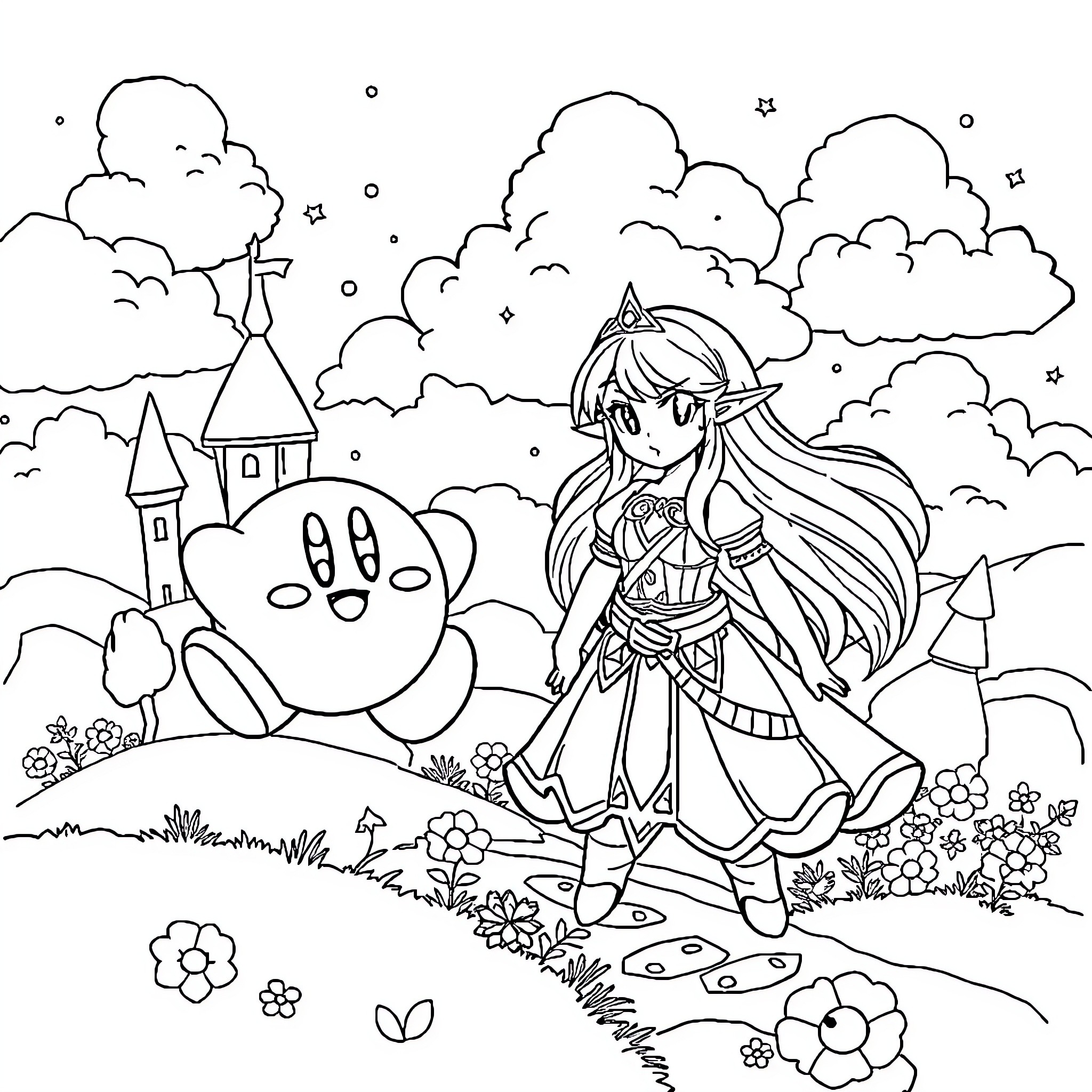 Kirby exploring a magical fantasy world with a friendly heroine Coloring Page (free black-and-white line drawing printable PDF for all, from beginners to advanced learners, including children, teens, adults, and seniors)