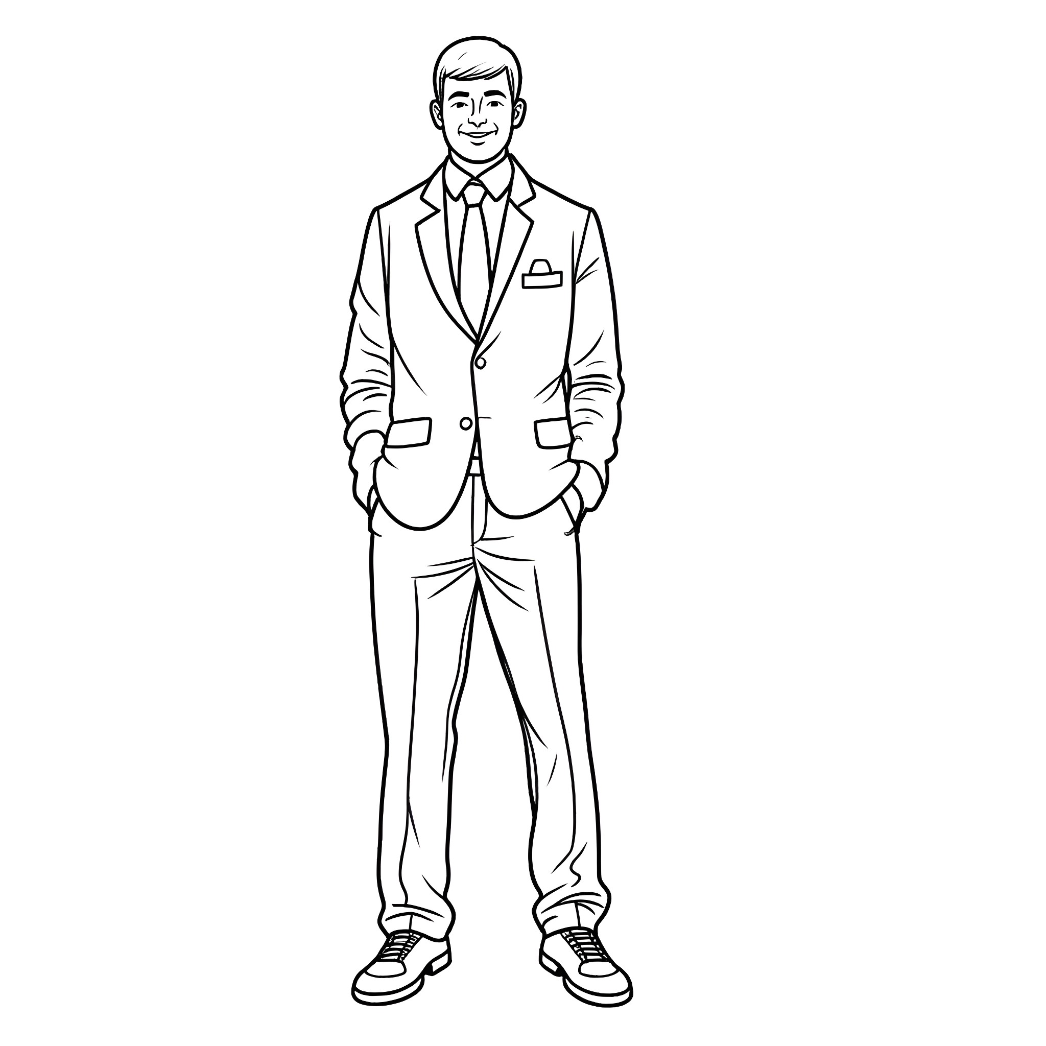 Merck employee in a smart business suit Coloring Page (free black-and-white line drawing printable PDF for all, from beginners to advanced learners, including children, teens, adults, and seniors)