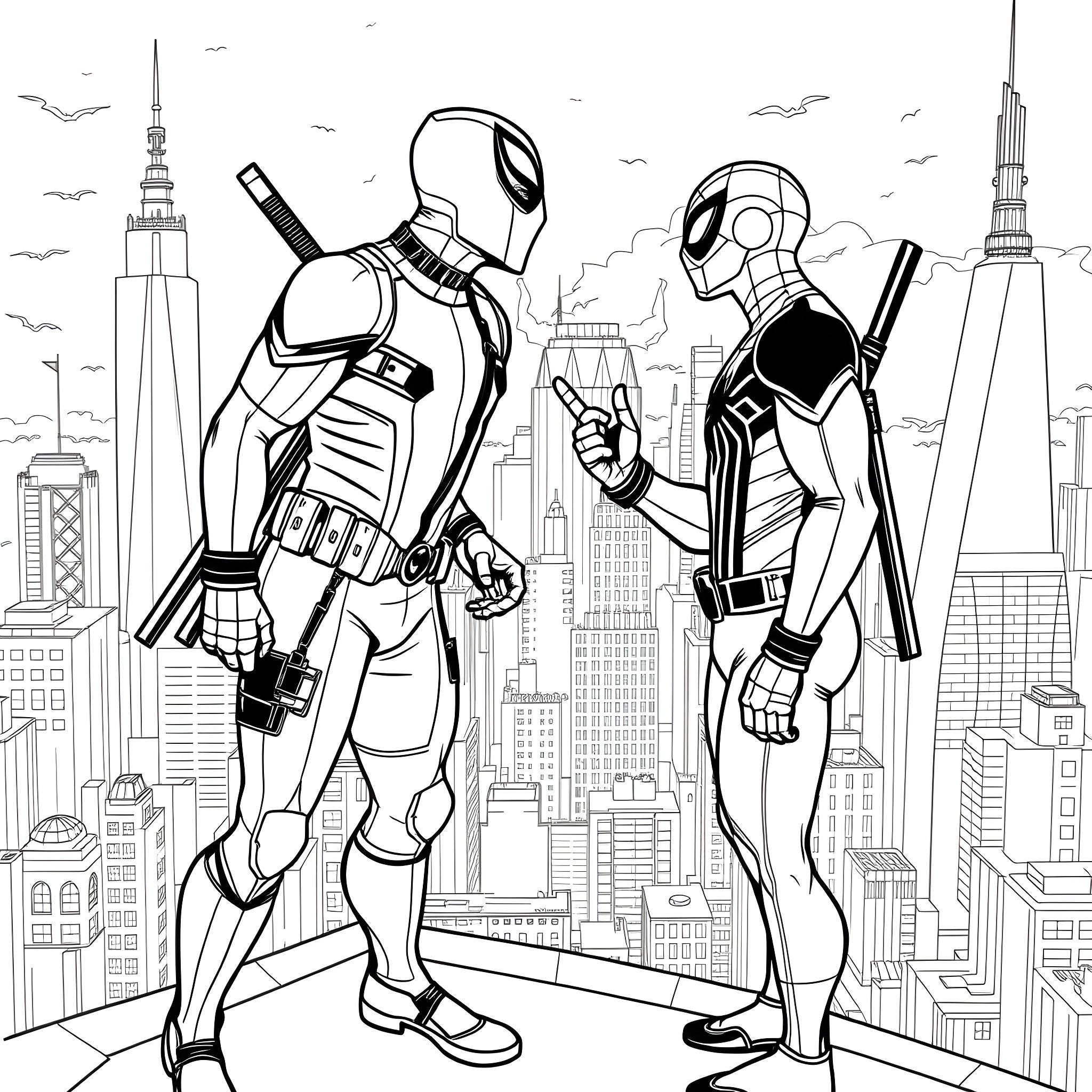 Deadpool Heroes in Action Coloring Page (free black-and-white line drawing printable PDF for all, from beginners to advanced learners, including children, teens, adults, and seniors)