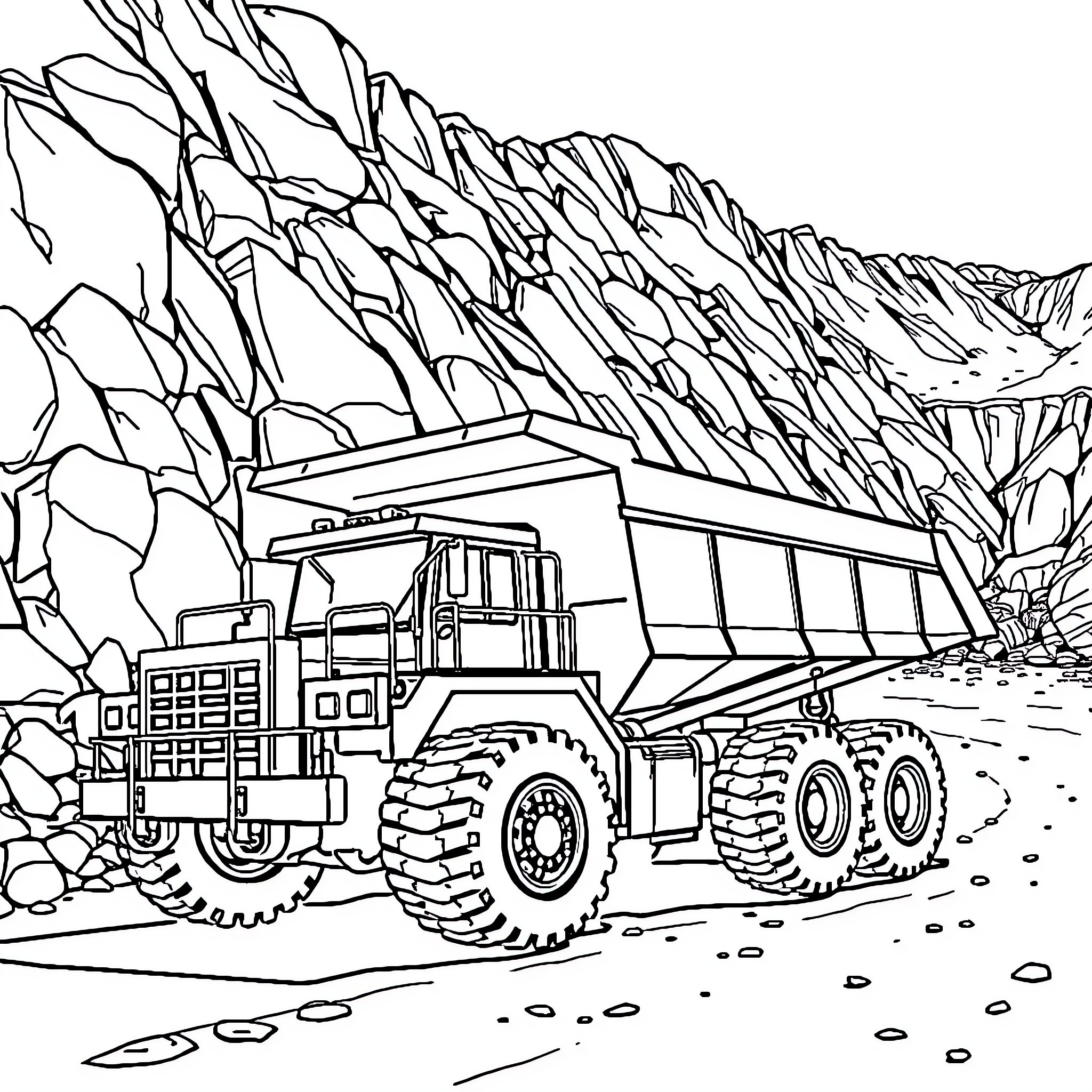 Volqueta carrying heavy load in rocky quarry Coloring Page (free black-and-white line drawing printable PDF for all, from beginners to advanced learners, including children, teens, adults, and seniors)
