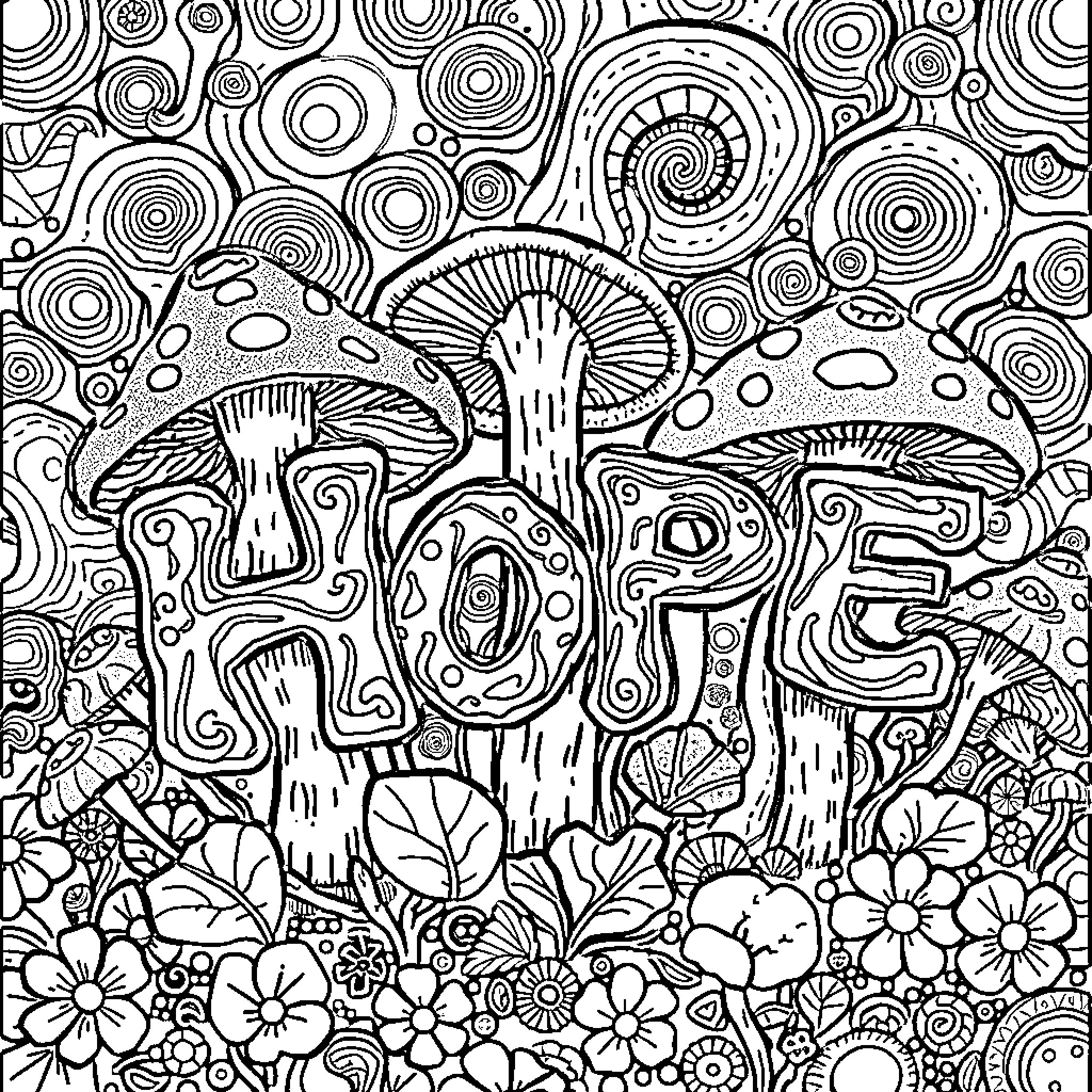 Mushroom-filled Psychedelic Landscape Coloring Page (free black-and-white line drawing printable PDF for all, from beginners to advanced learners, including children, teens, adults, and seniors)