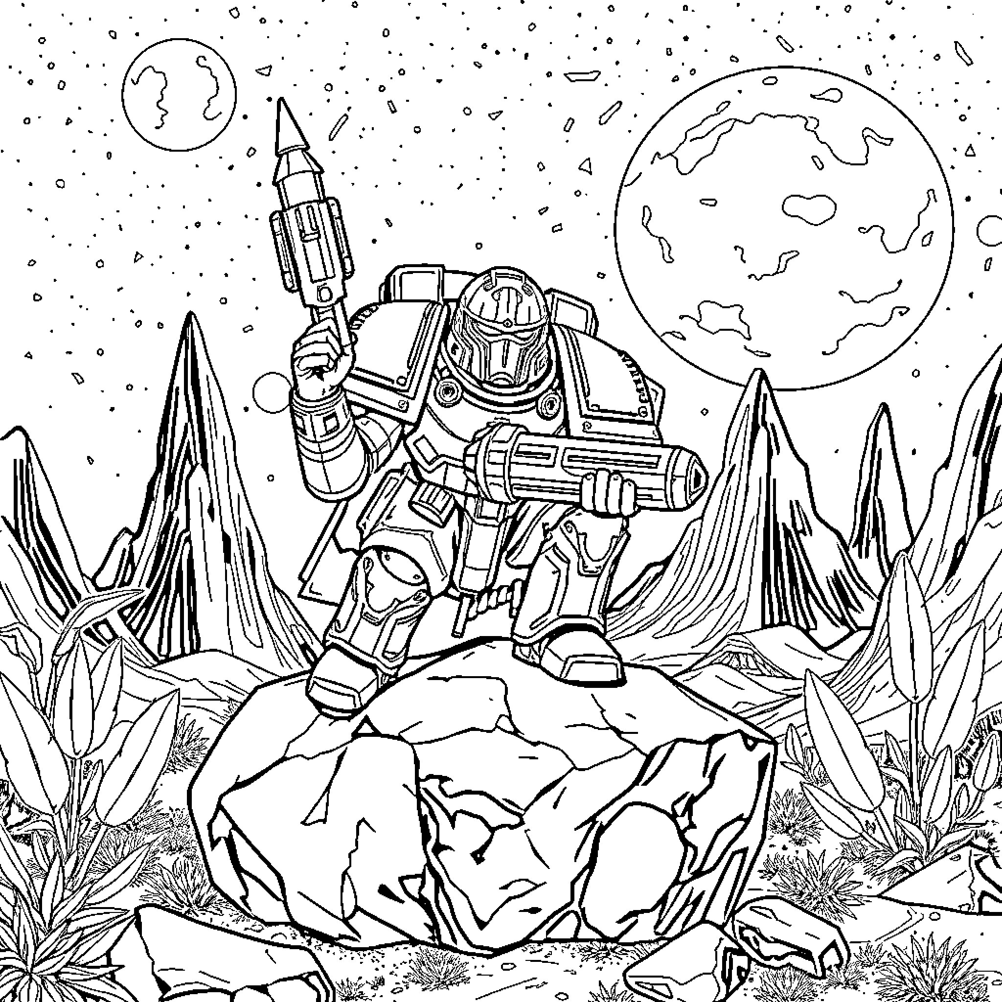 Marine Mech Explorer in Alien Landscape Coloring Page (free black-and-white line drawing printable PDF for all, from beginners to advanced learners, including children, teens, adults, and seniors)