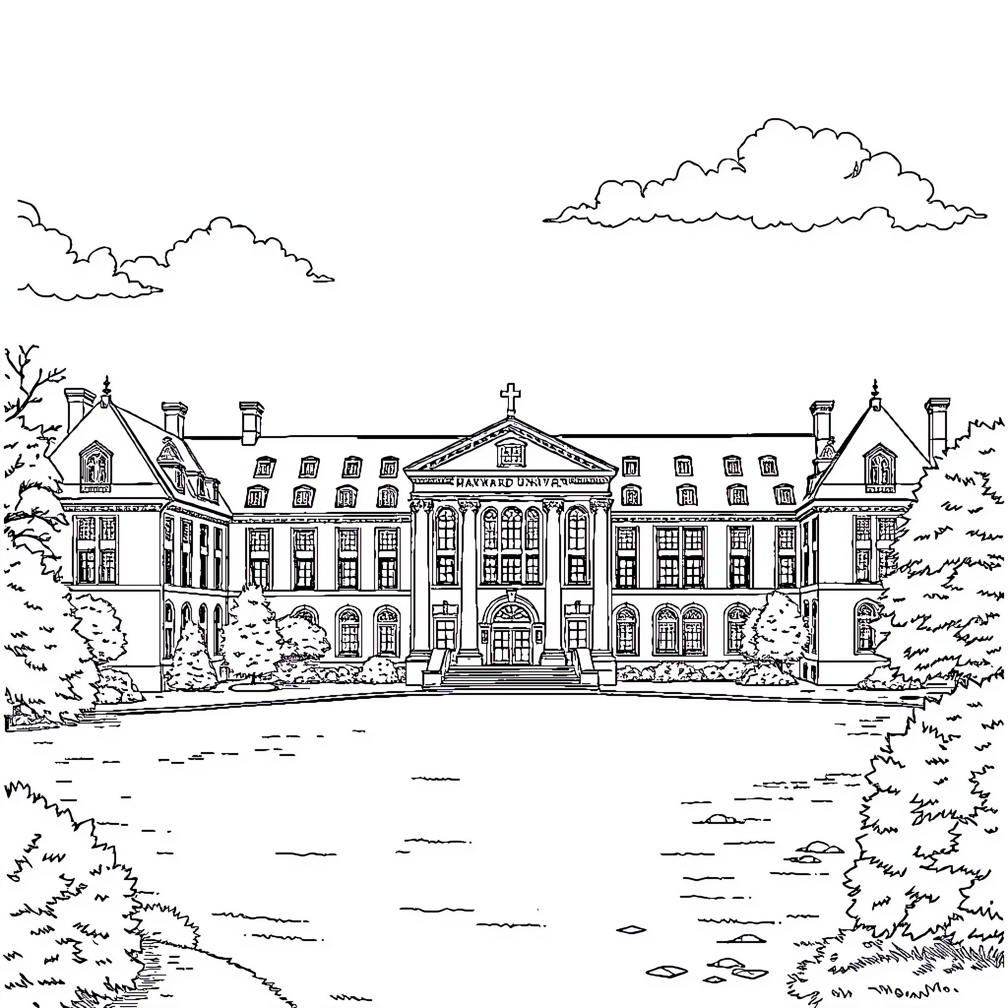 Harvard University's Picturesque Campus Grounds Coloring Page (free black-and-white line drawing printable PDF for all, from beginners to advanced learners, including children, teens, adults, and seniors)