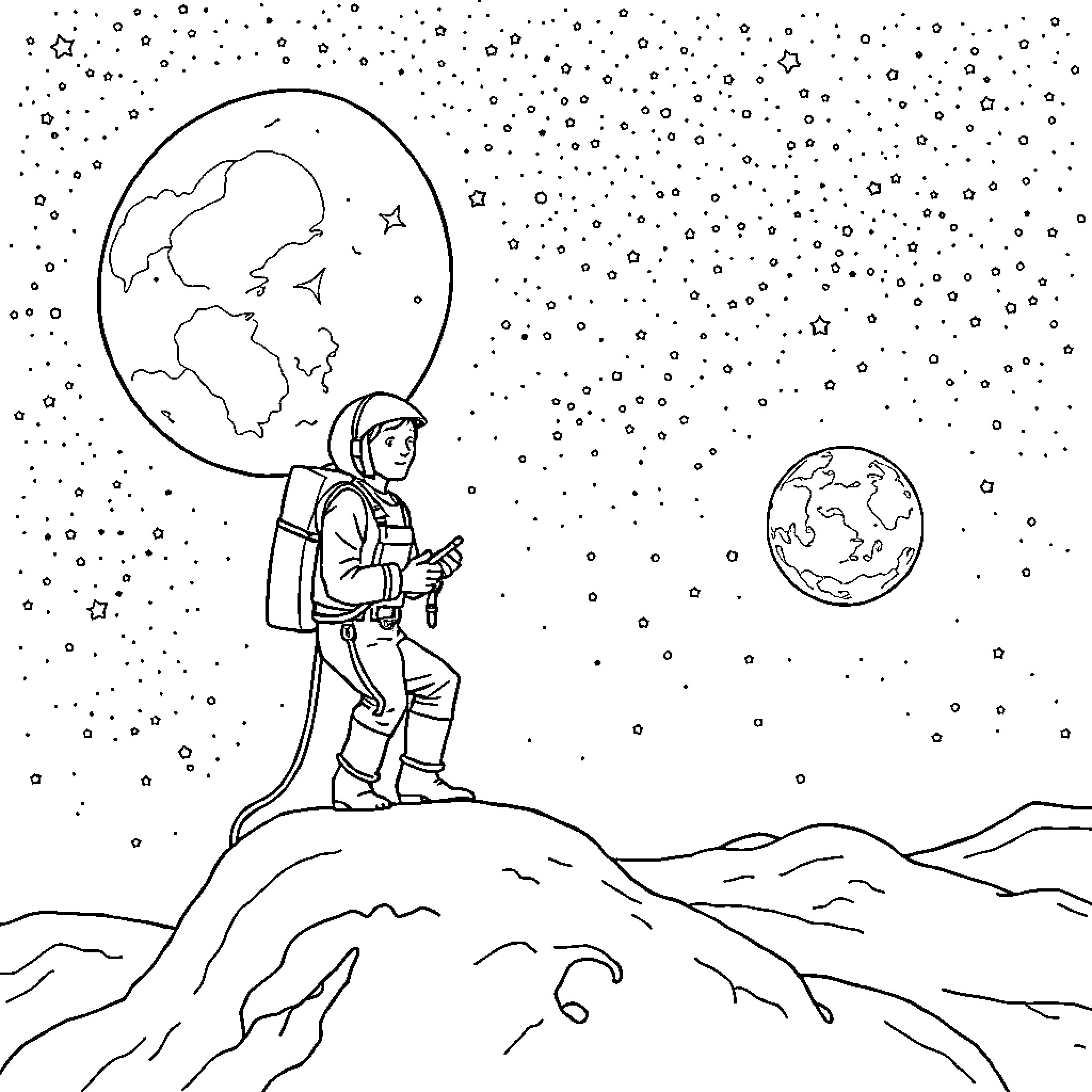 Electrician exploring the solar system Coloring Page (free black-and-white line drawing printable PDF for all, from beginners to advanced learners, including children, teens, adults, and seniors)
