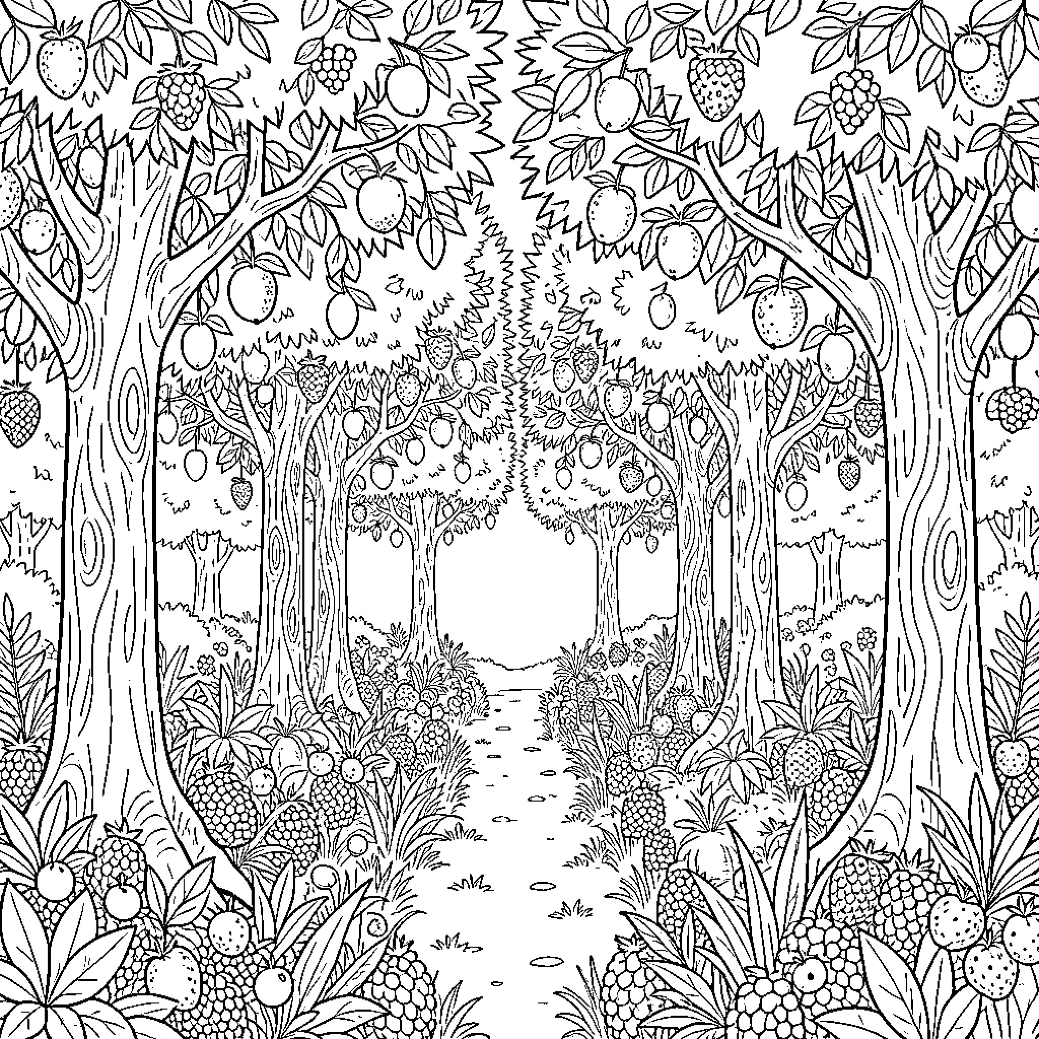 Garden of fruit trees and lush plants Coloring Page (free black-and-white line drawing printable PDF for all, from beginners to advanced learners, including children, teens, adults, and seniors)