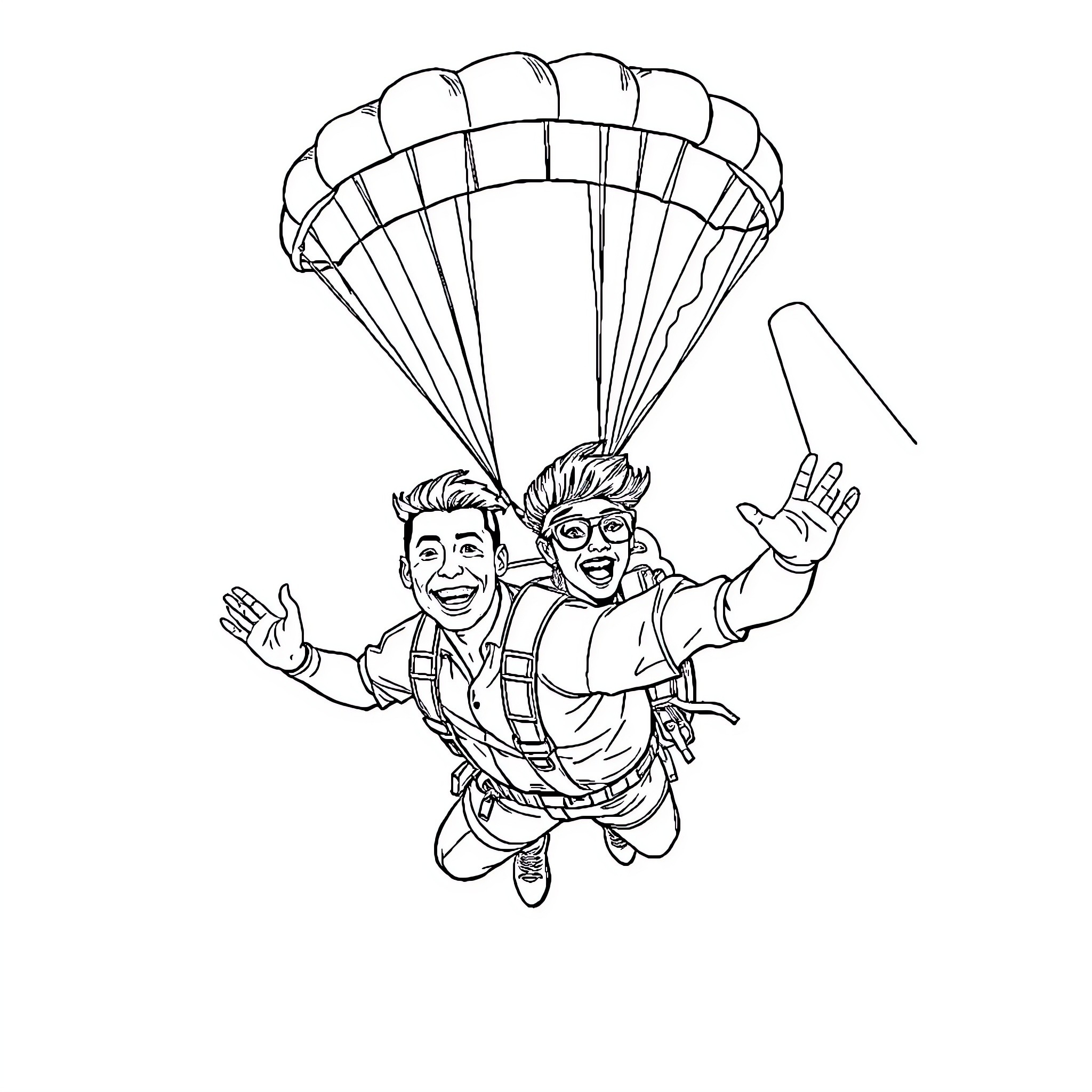 Ronaldo skydiving with a friend in the air Coloring Page (free black-and-white line drawing printable PDF for all, from beginners to advanced learners, including children, teens, adults, and seniors)