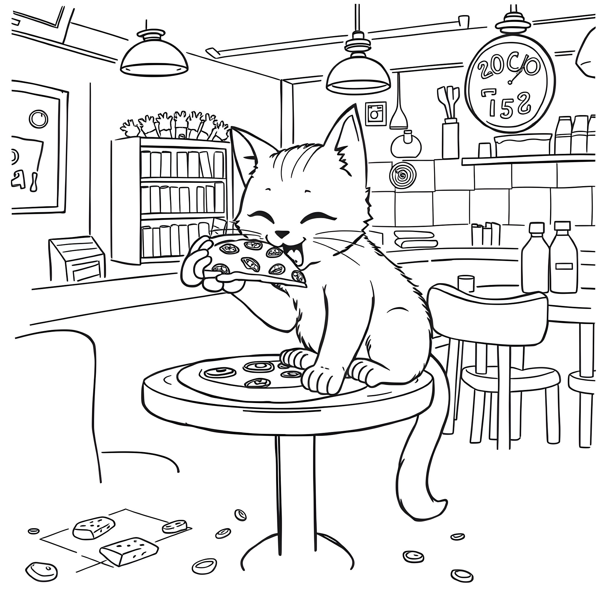 Cat enjoying a pizza in a cozy kitchen Coloring Page (free black-and-white line drawing printable PDF for all, from beginners to advanced learners, including children, teens, adults, and seniors)