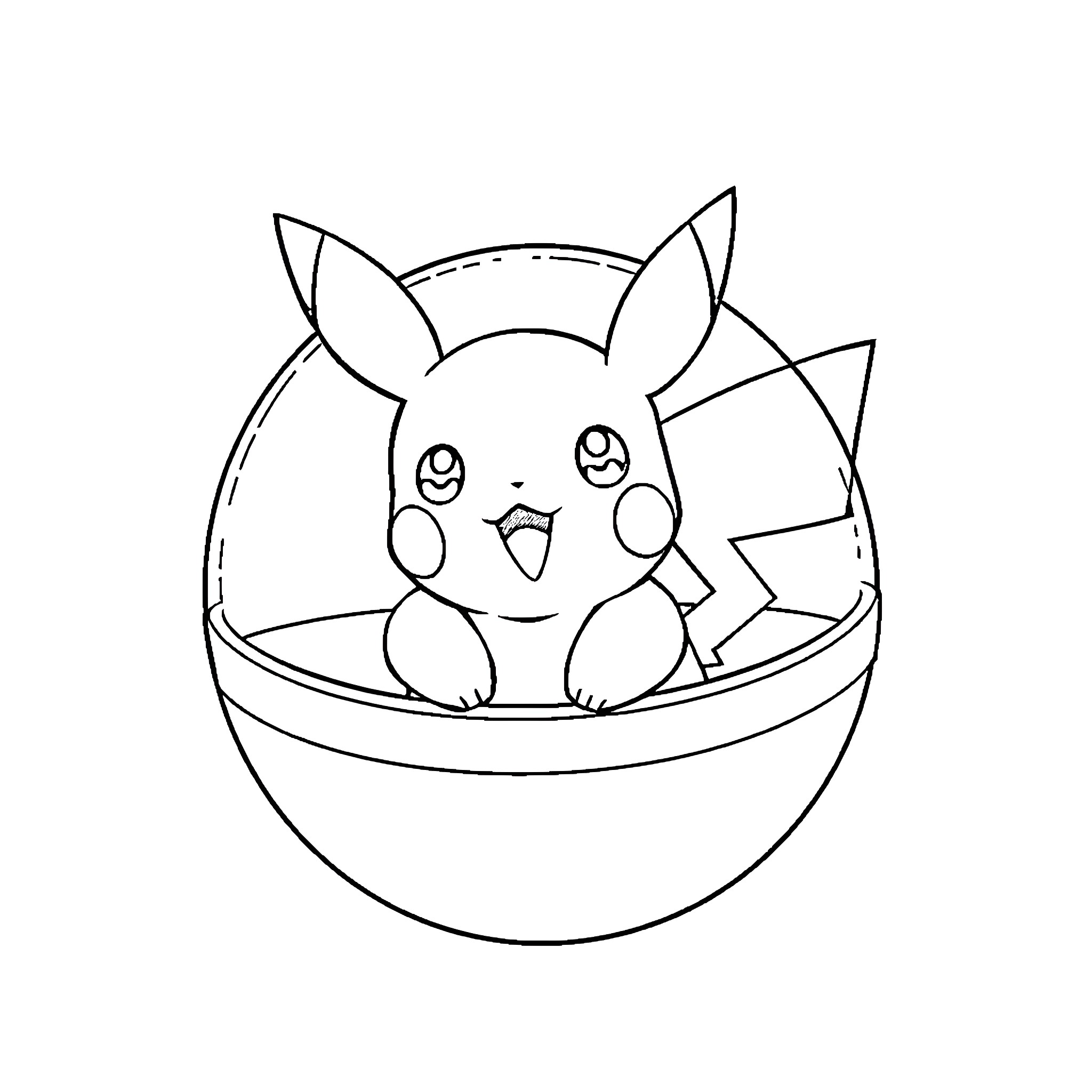 Pikachu sitting happily in a Pokeball Coloring Page (free black-and-white line drawing printable PDF for all, from beginners to advanced learners, including children, teens, adults, and seniors)