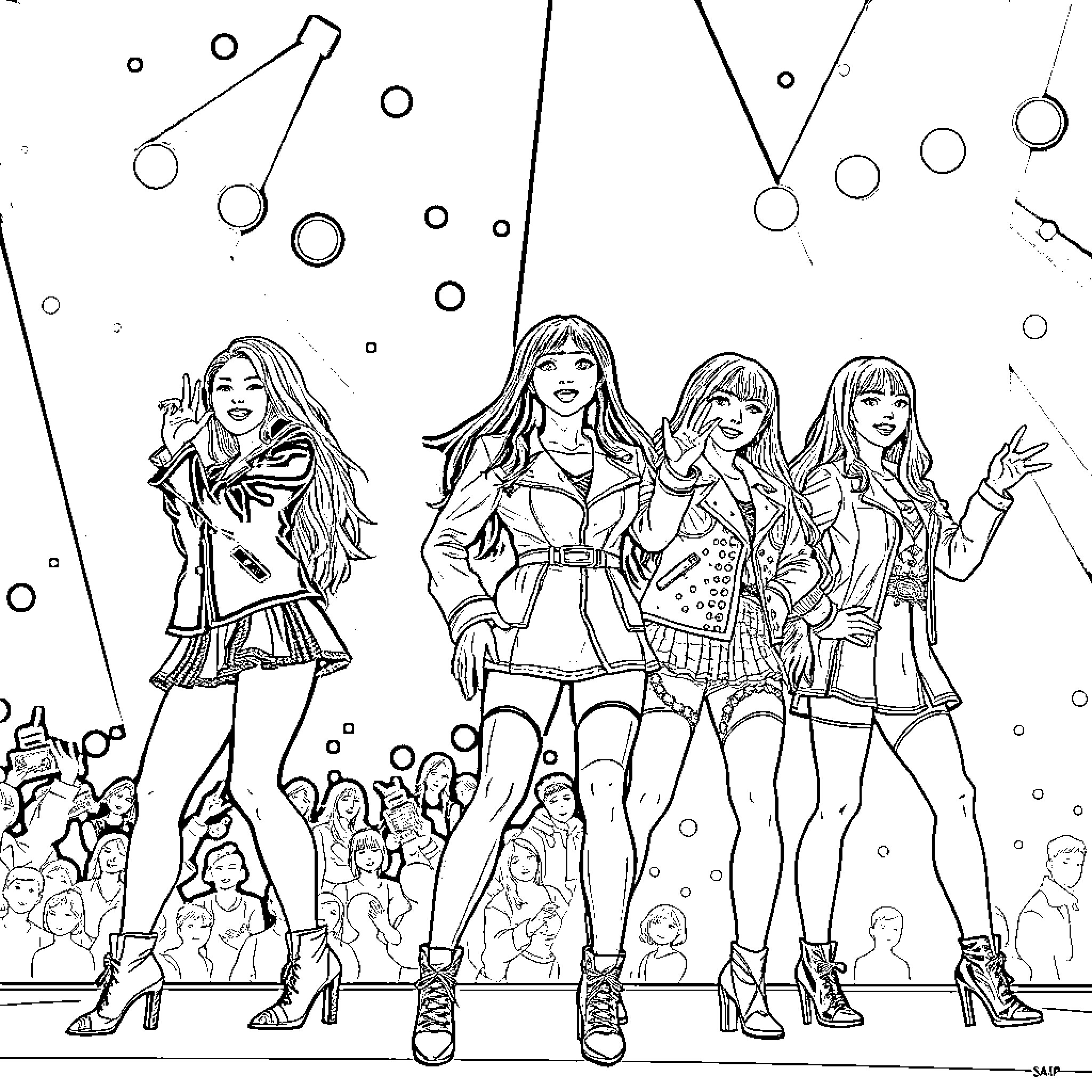 K Pop Warrior Performers on Stage with Fans Coloring Page (free black-and-white line drawing printable PDF for all, from beginners to advanced learners, including children, teens, adults, and seniors)
