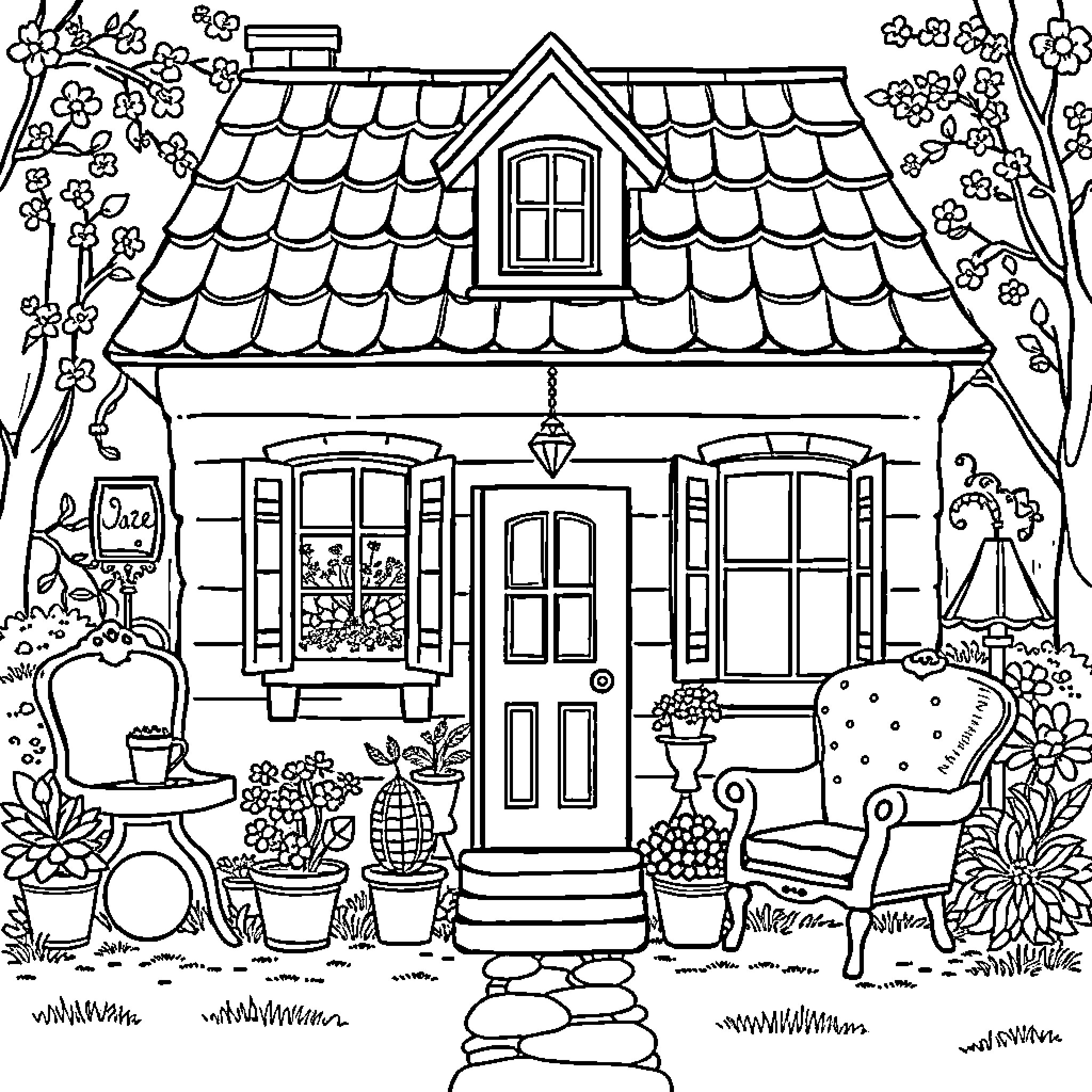 House with cozy garden and floral decor Coloring Page (free black-and-white line drawing printable PDF for all, from beginners to advanced learners, including children, teens, adults, and seniors)