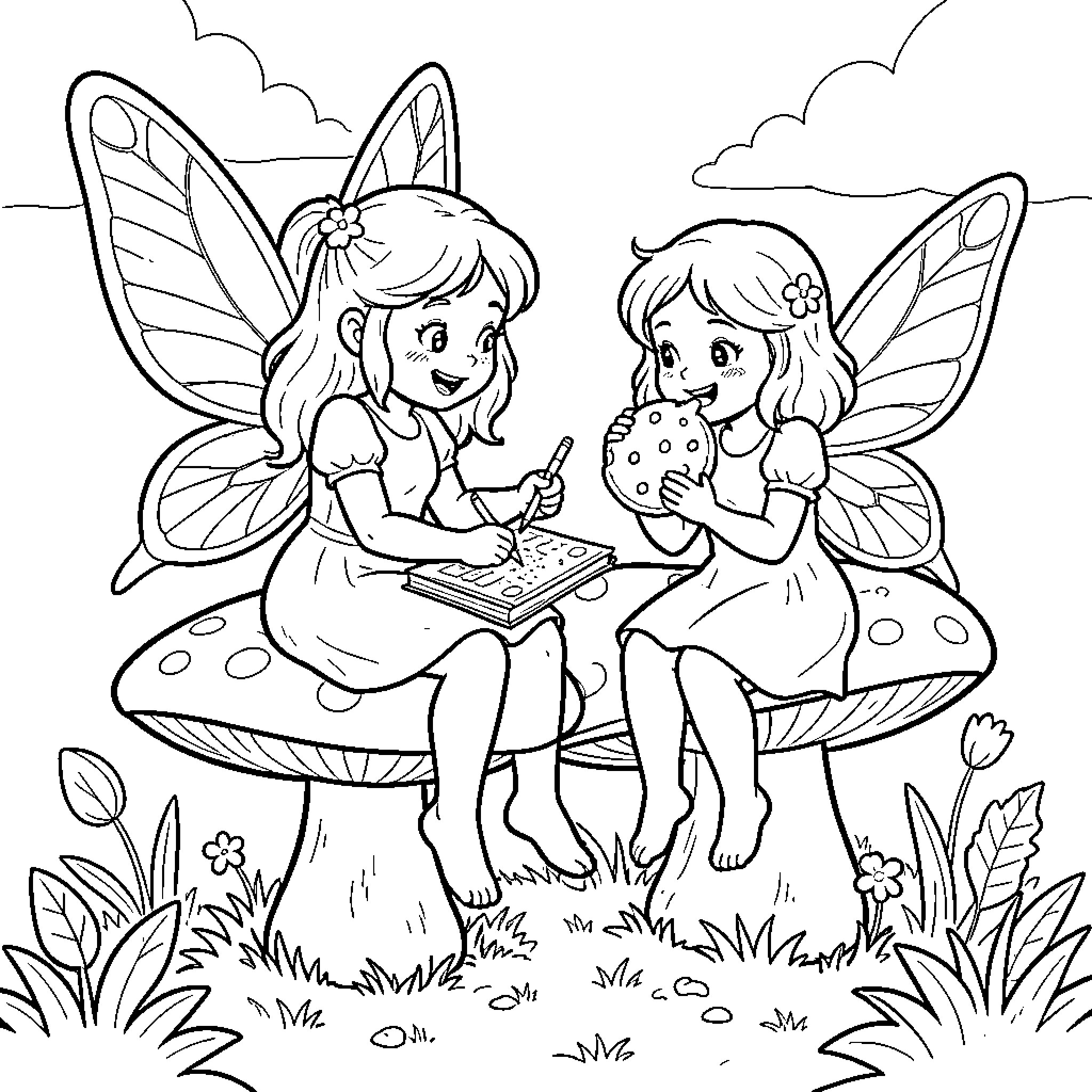 Fairy friends sitting on mushrooms sharing snacks Coloring Page (free black-and-white line drawing printable PDF for all, from beginners to advanced learners, including children, teens, adults, and seniors)