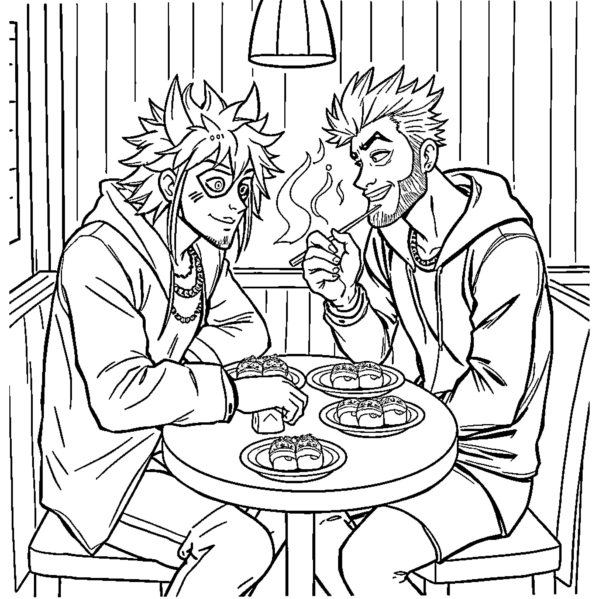 HUNTR/X Friends Sharing a Meal Coloring Page (free black-and-white line drawing printable PDF for all, from beginners to advanced learners, including children, teens, adults, and seniors)