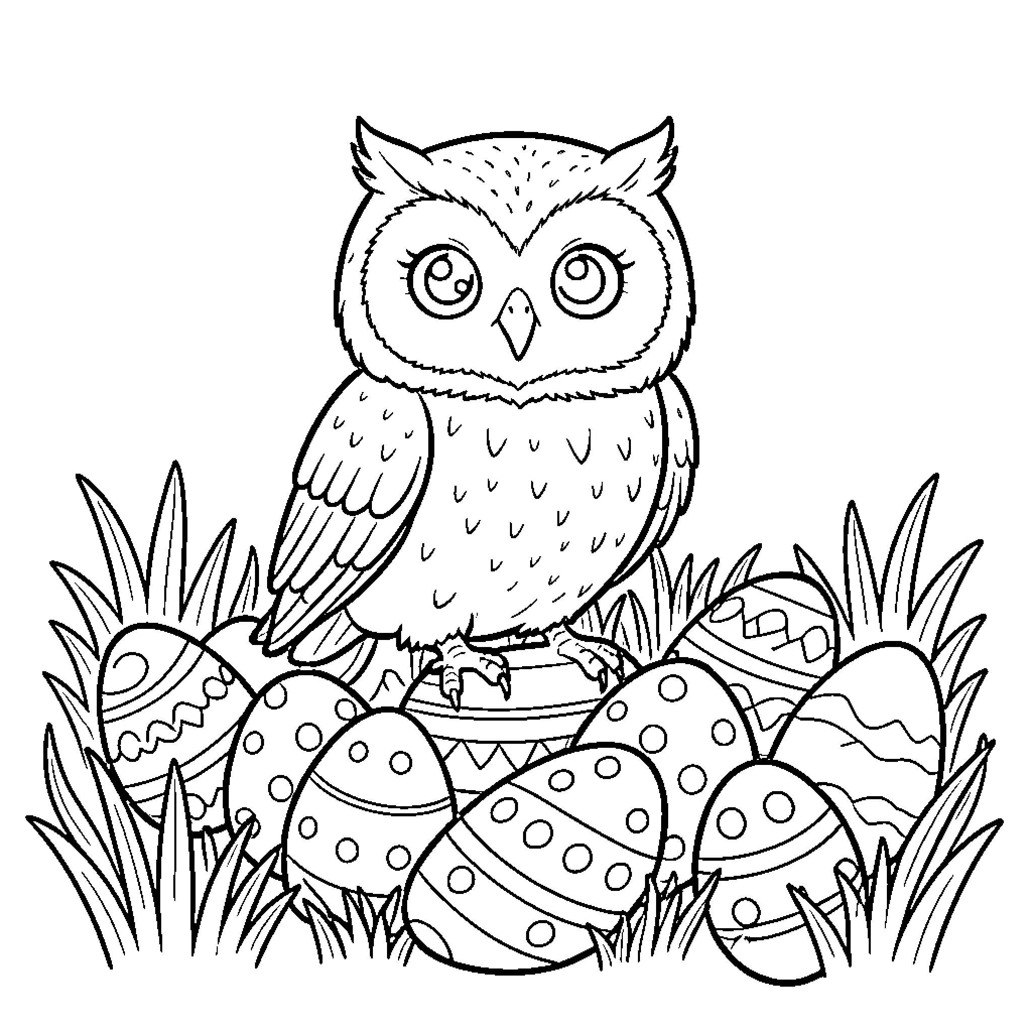 Chouette with Decorative Eggs in Grass Coloring Page (free black-and-white line drawing printable PDF for all, from beginners to advanced learners, including children, teens, adults, and seniors)