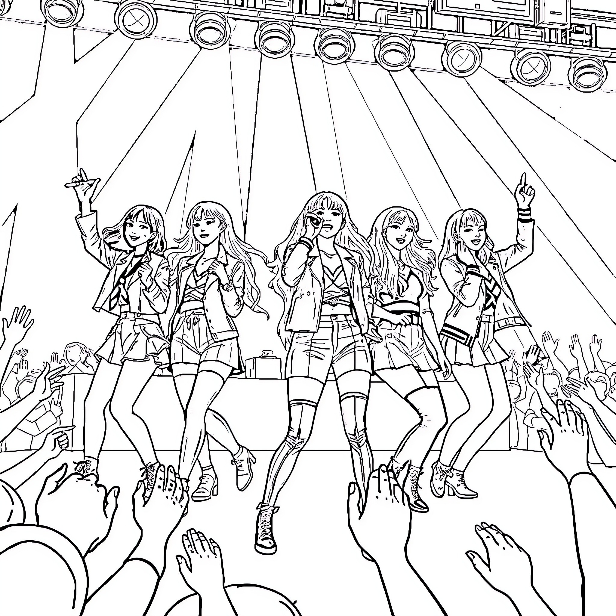 Blackpink performing energetically on stage Coloring Page (free black-and-white line drawing printable PDF for all, from beginners to advanced learners, including children, teens, adults, and seniors)