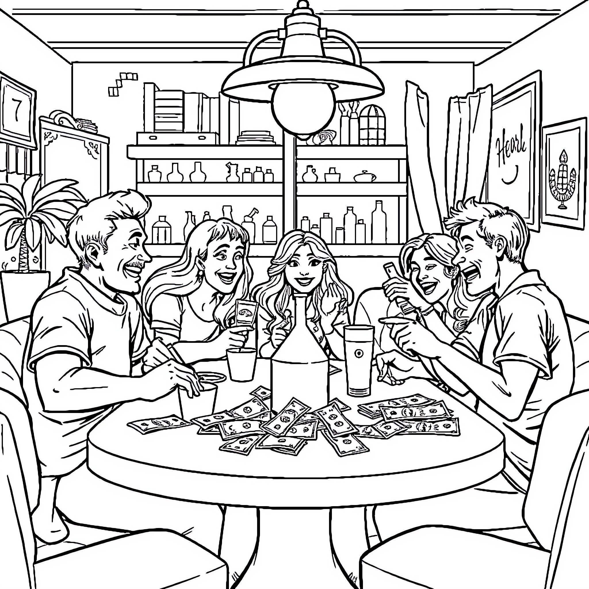Familia enjoying a lively gathering with drinks and cards Coloring Page (free black-and-white line drawing printable PDF for all, from beginners to advanced learners, including children, teens, adults, and seniors)