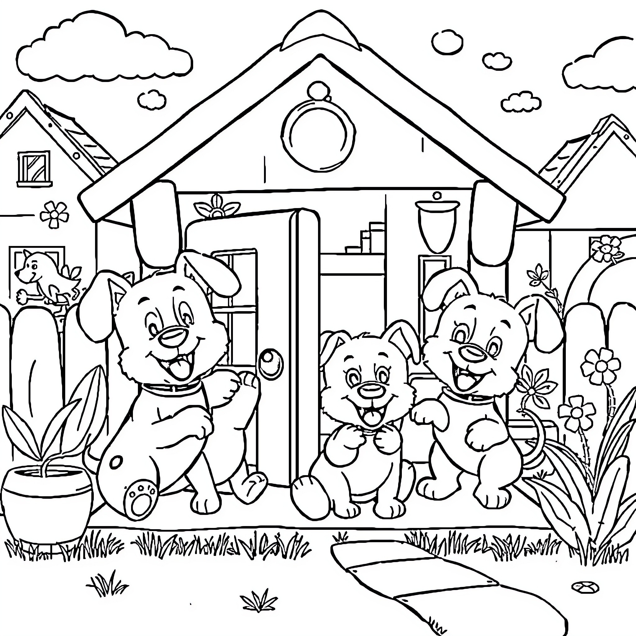 Bluey and her family explore their home and garden Coloring Page (free black-and-white line drawing printable PDF for all, from beginners to advanced learners, including children, teens, adults, and seniors)
