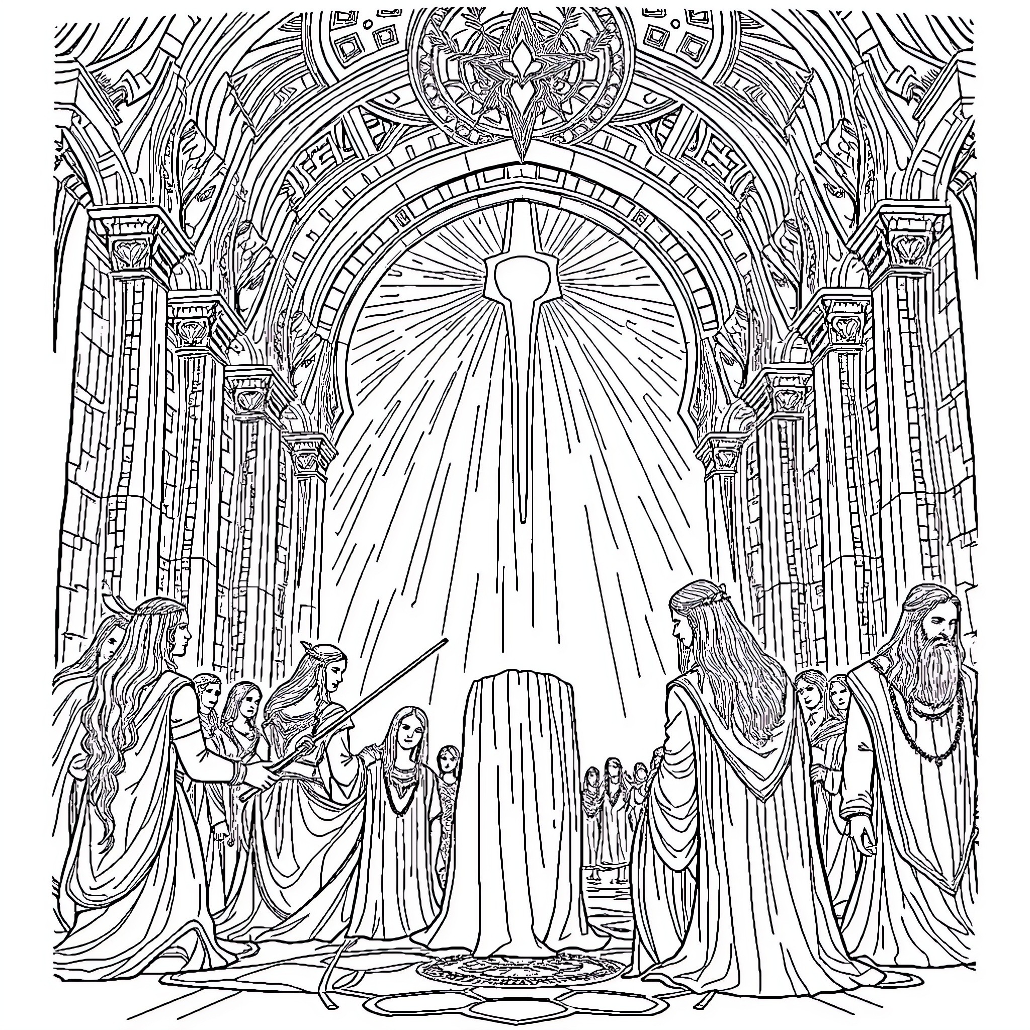 Ainur Gathering in the Celestial Hall Coloring Page (free black-and-white line drawing printable PDF for all, from beginners to advanced learners, including children, teens, adults, and seniors)
