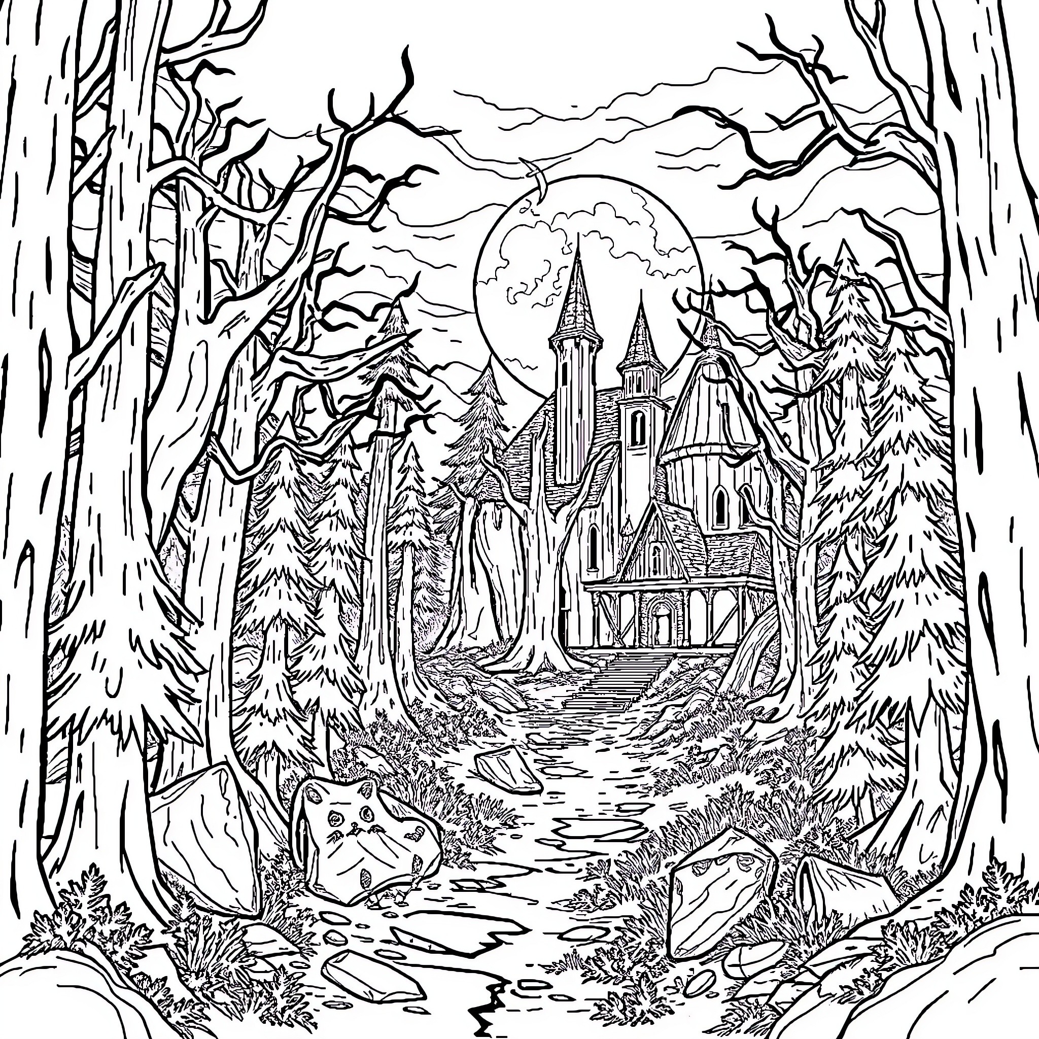 Roblox Enchanted Forest and Castle Scenery Coloring Page (free black-and-white line drawing printable PDF for all, from beginners to advanced learners, including children, teens, adults, and seniors)
