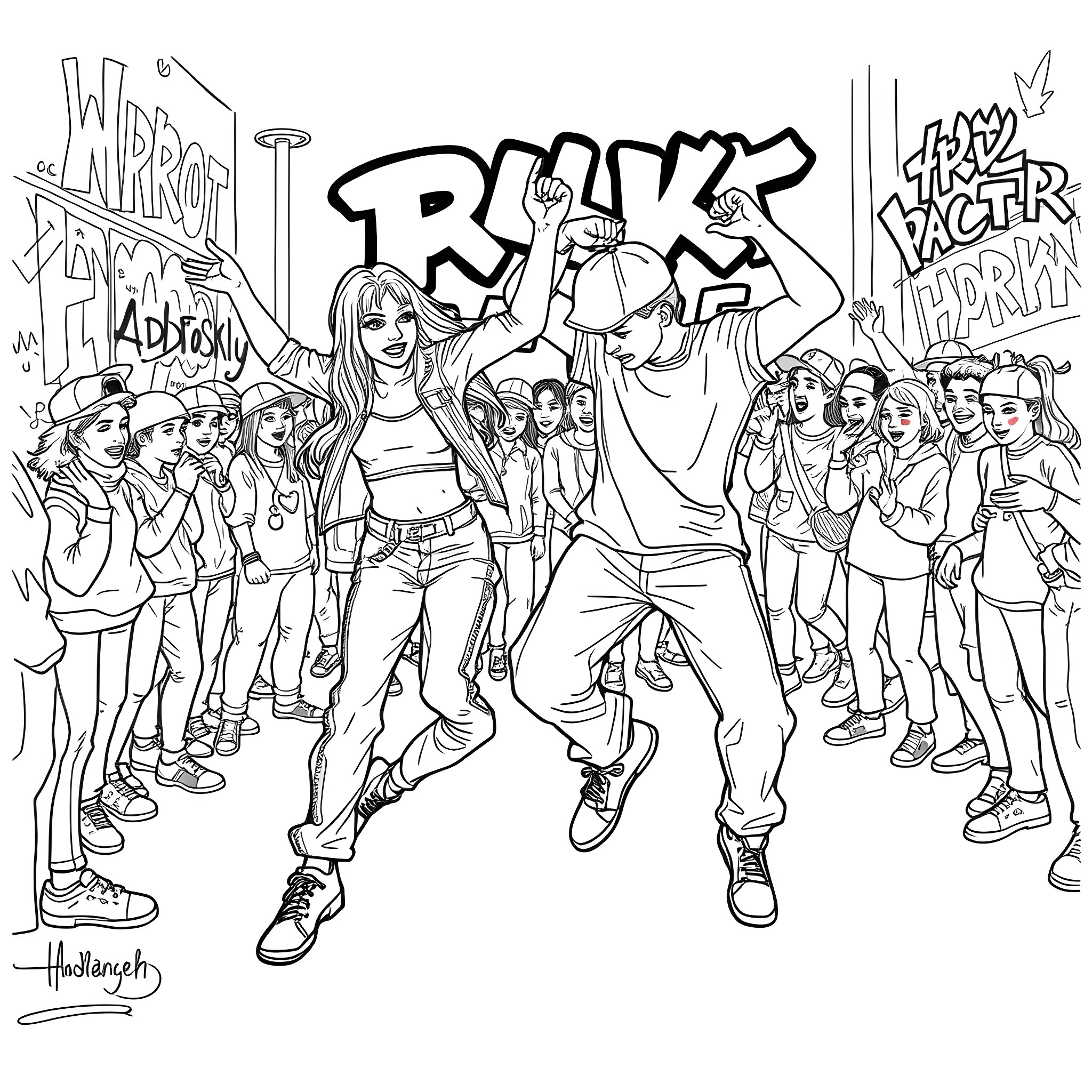 Nova and Addison lead a lively dance party Coloring Page (free black-and-white line drawing printable PDF for all, from beginners to advanced learners, including children, teens, adults, and seniors)