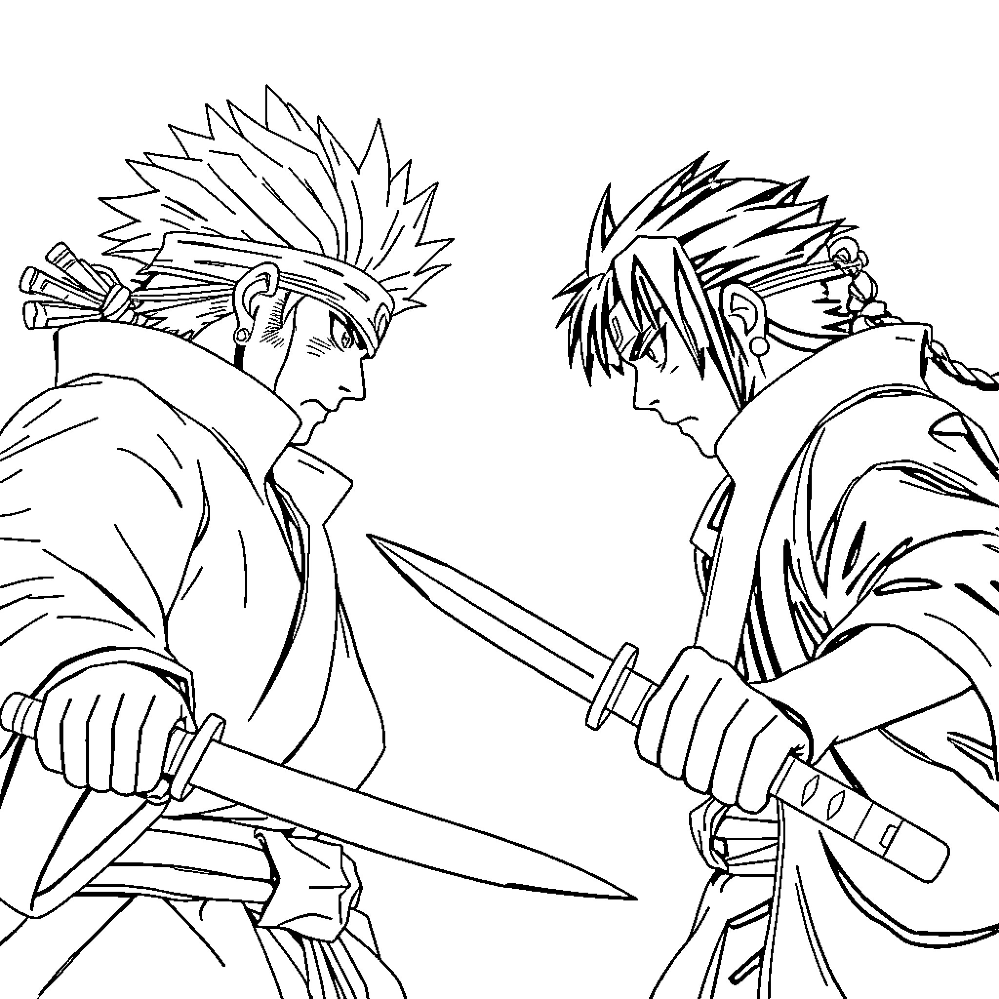 Zoro and Roronoa sword fight in action Coloring Page (free black-and-white line drawing printable PDF for all, from beginners to advanced learners, including children, teens, adults, and seniors)