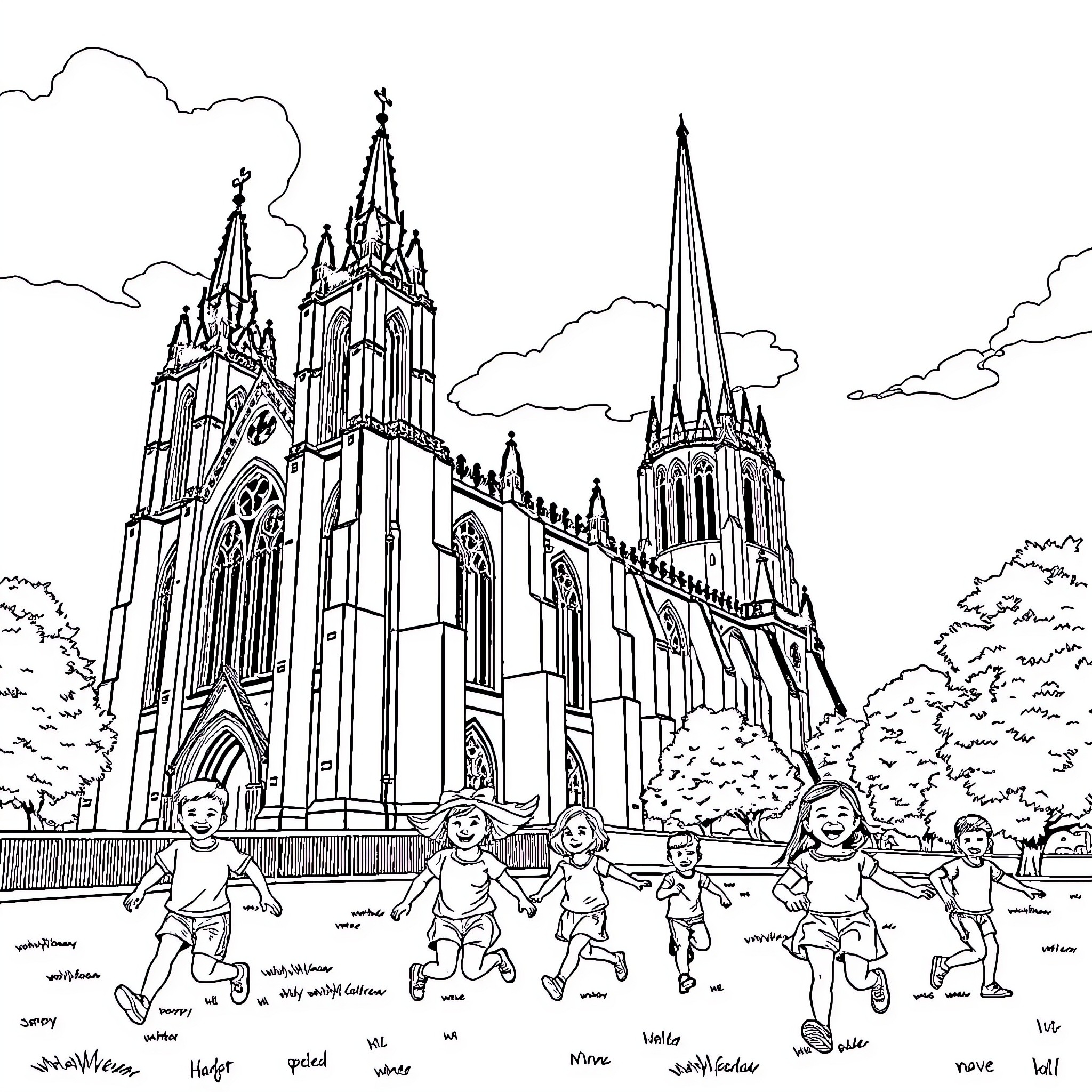 Cathedral with children playing on the lawn Coloring Page (free black-and-white line drawing printable PDF for all, from beginners to advanced learners, including children, teens, adults, and seniors)